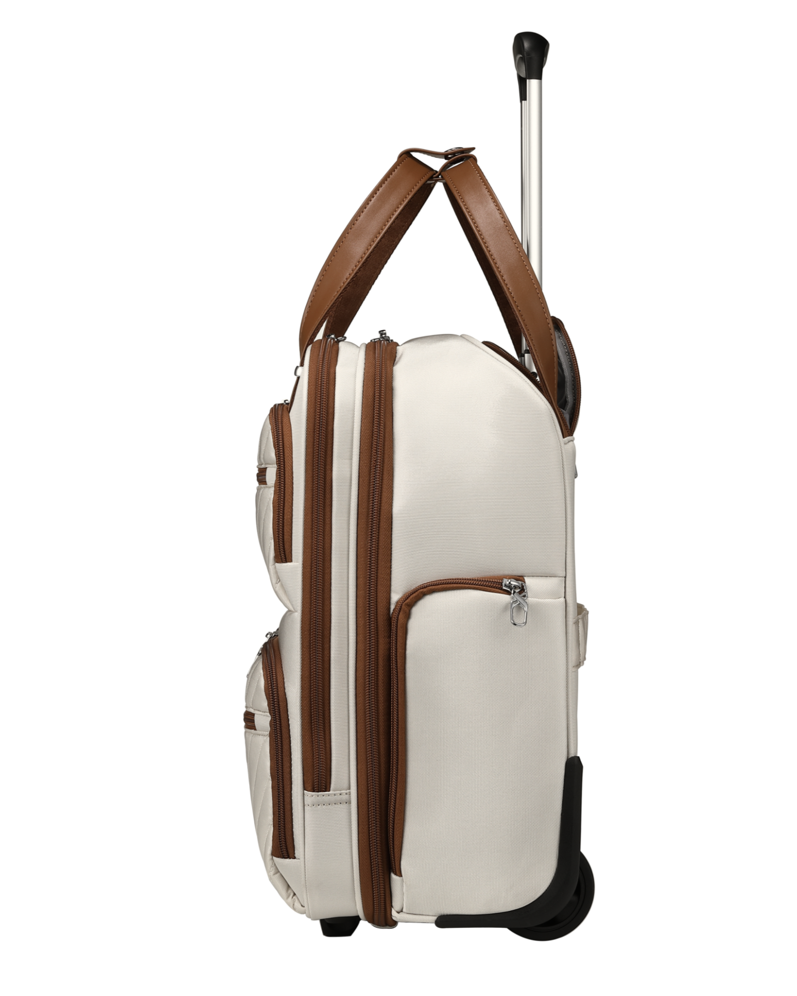 Black soft-sided underseat carry-on luggage with wheels, front view of fashionable compact suitcase for short trips featuring laptop compartment.