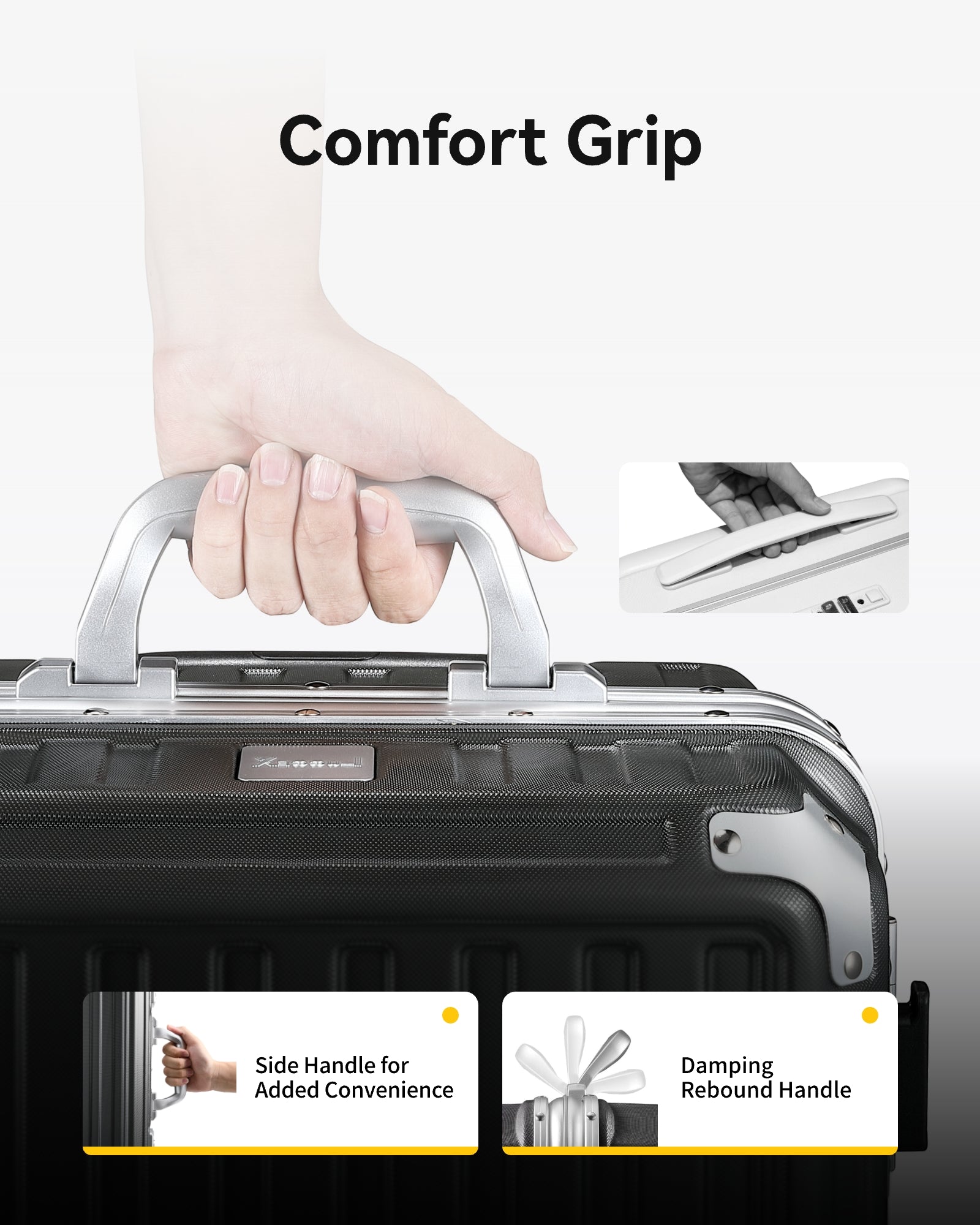 Zipperless Aluminum Luggage with Damping Rebound Handle & Side Handle Close-Up, Durable Travel Case Featuring Seamless Design and Ergonomic Grip Details