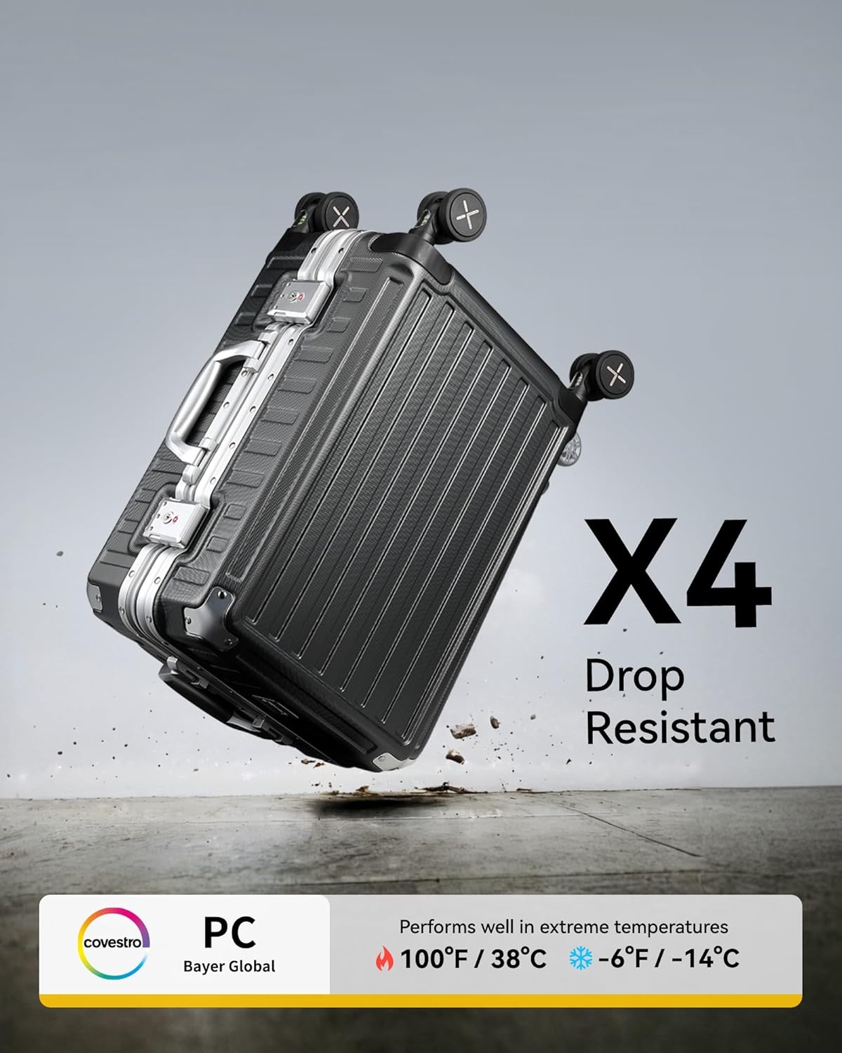 Durable Aluminum Luggage with Zipperless Design & Reinforced Corner Protectors, Drop Tested for Impact Resistance (Overhead View)