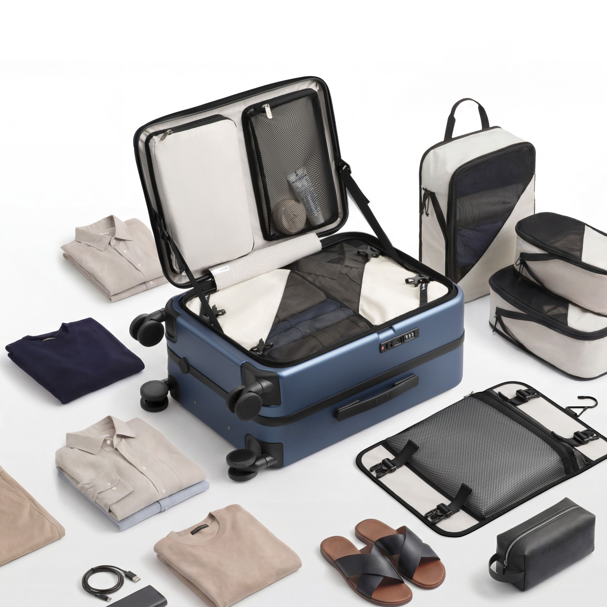 LUGGEX carry-on suitcase with a deep main compartment, top-open design, and organized interior—designed to fit bulky items with ease.
#show #color_blue
