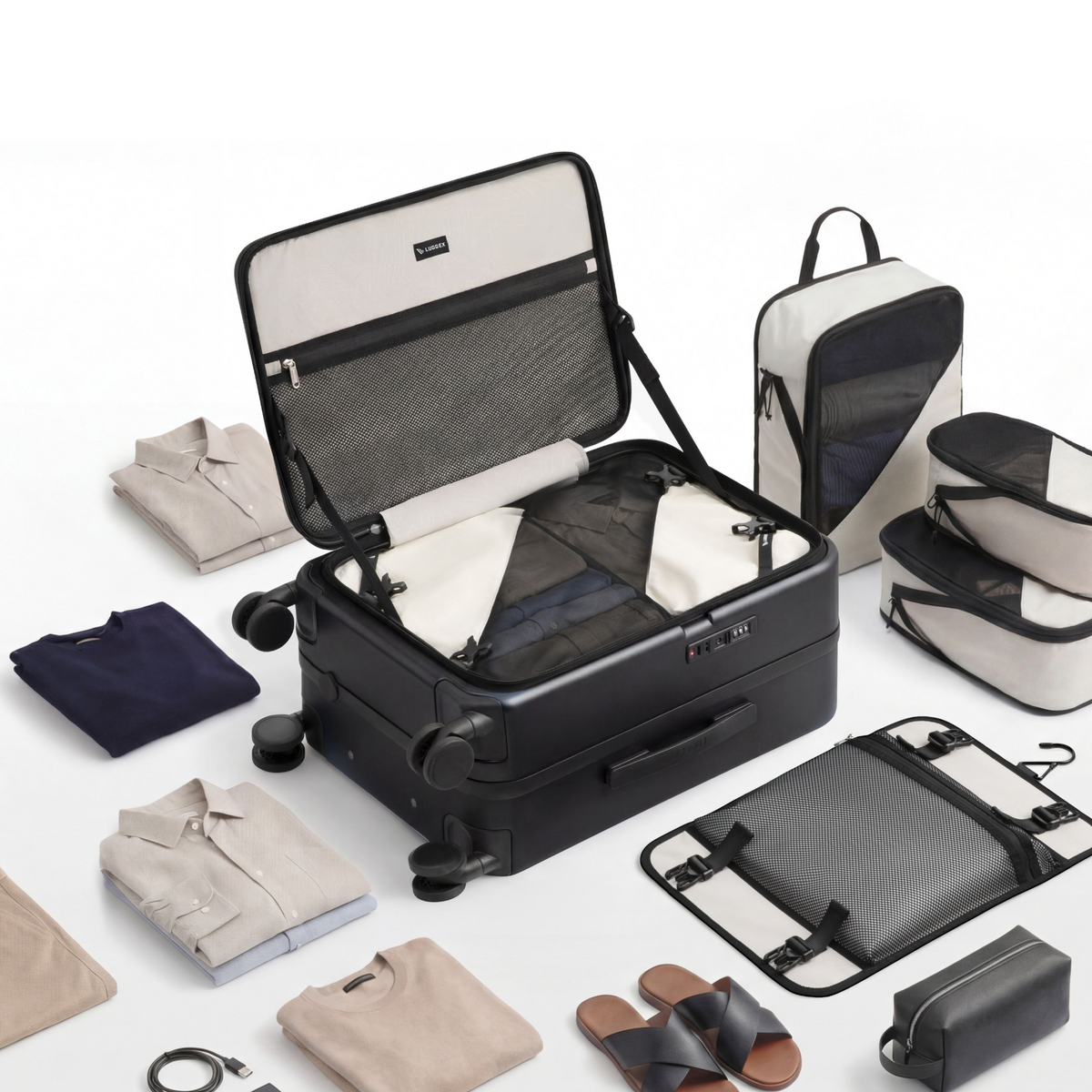 LUGGEX FLP front open & top open carry-on suitcase with a deep main compartment, topt-open design, and organized interior—designed to fit bulky items with ease.
#show #color_black