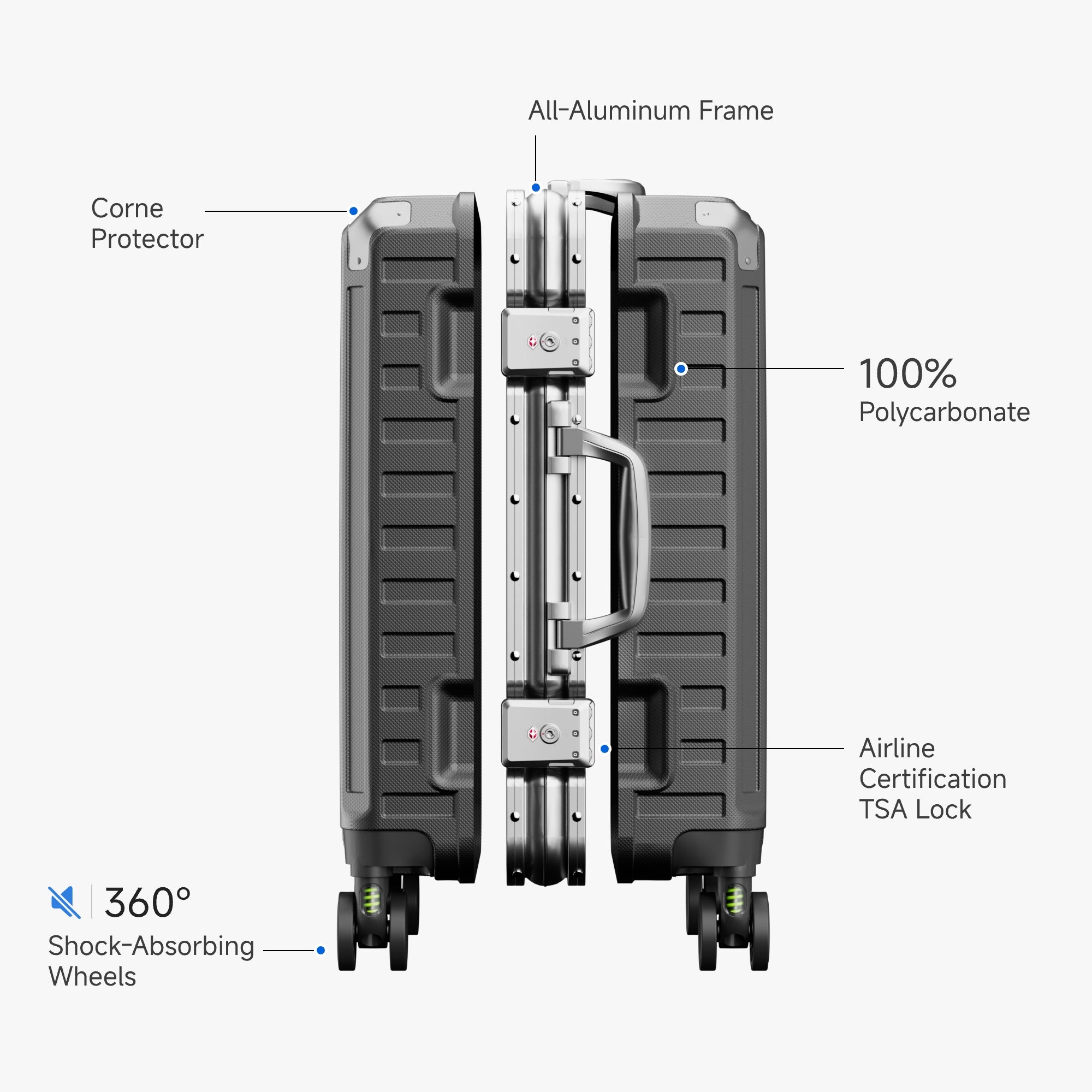 LUGGEX charcoal 100% polycarbonate aluminum frame carry-on luggage suitcase with TSA-approved lock, corner protectors and shock-absorbing wheels
#color_charcoal