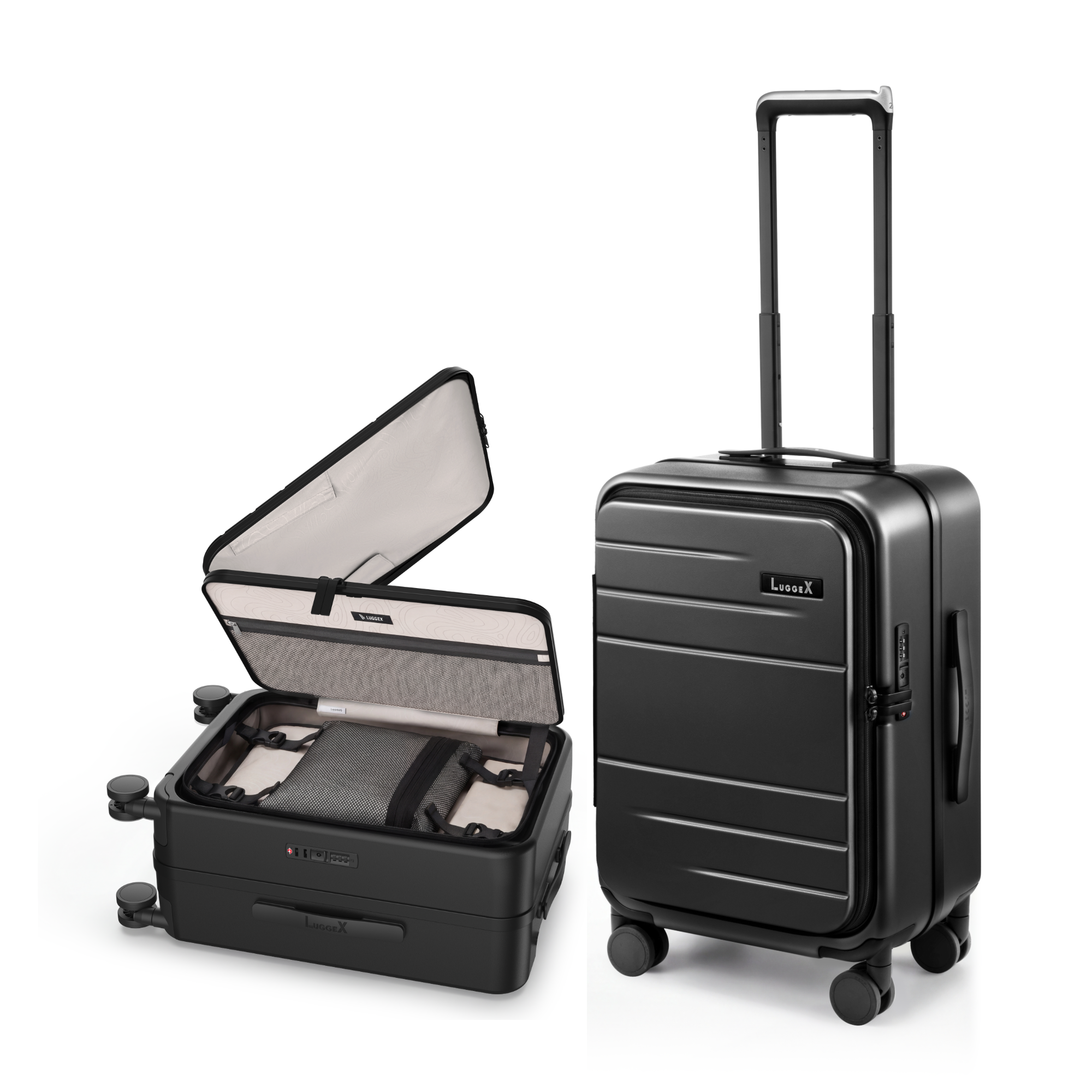 LUGGEX dual-access carry-on luggage showing front-open laptop pocket and top-open trunk-style interior for easy access and organized packing #color_black