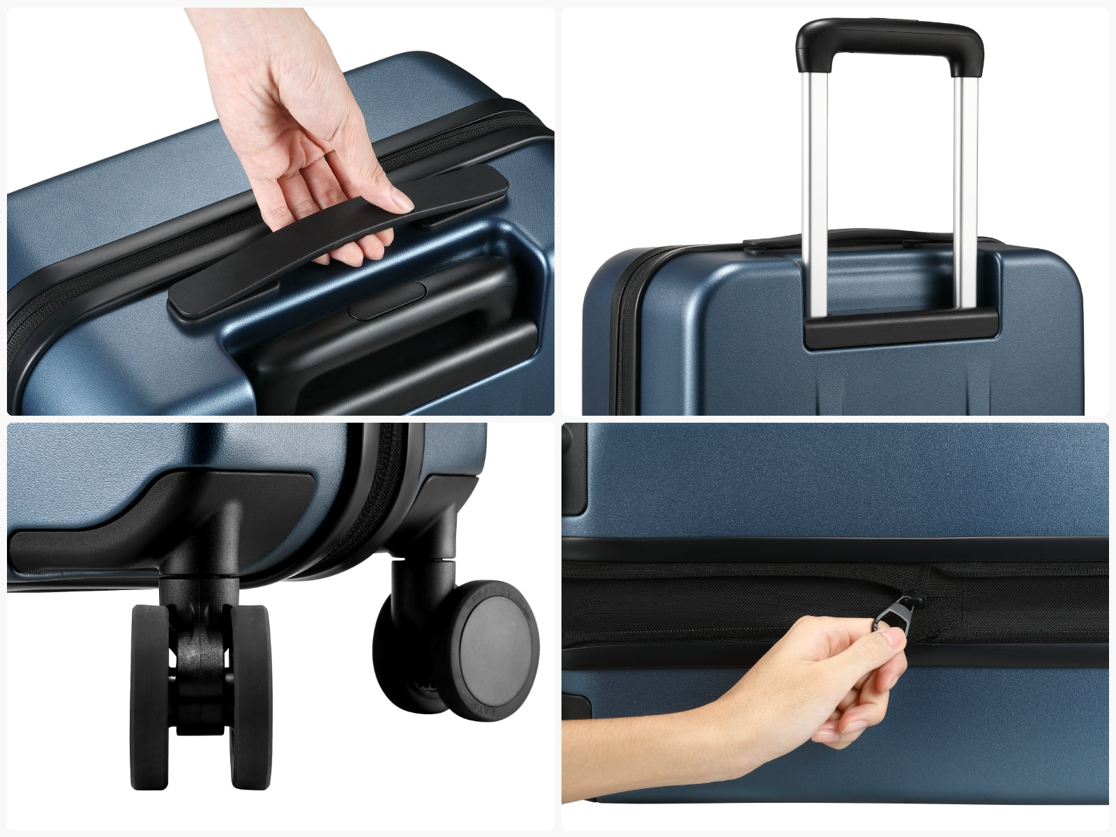 “Side carry handle on LUGGEX FLO Lite 20-inch blue carry-on luggage for easy lifting.”
“Adjustable telescopic handle on LUGGEX FLO Lite 20-inch blue carry-on suitcase for smooth rolling.”
“Durable 360° spinner wheels on LUGGEX FLO Lite 20-inch blue carry-on hard-shell luggage.”
“Secure zipper detail on LUGGEX FLO Lite 20-inch blue carry-on luggage with reinforced closure.”