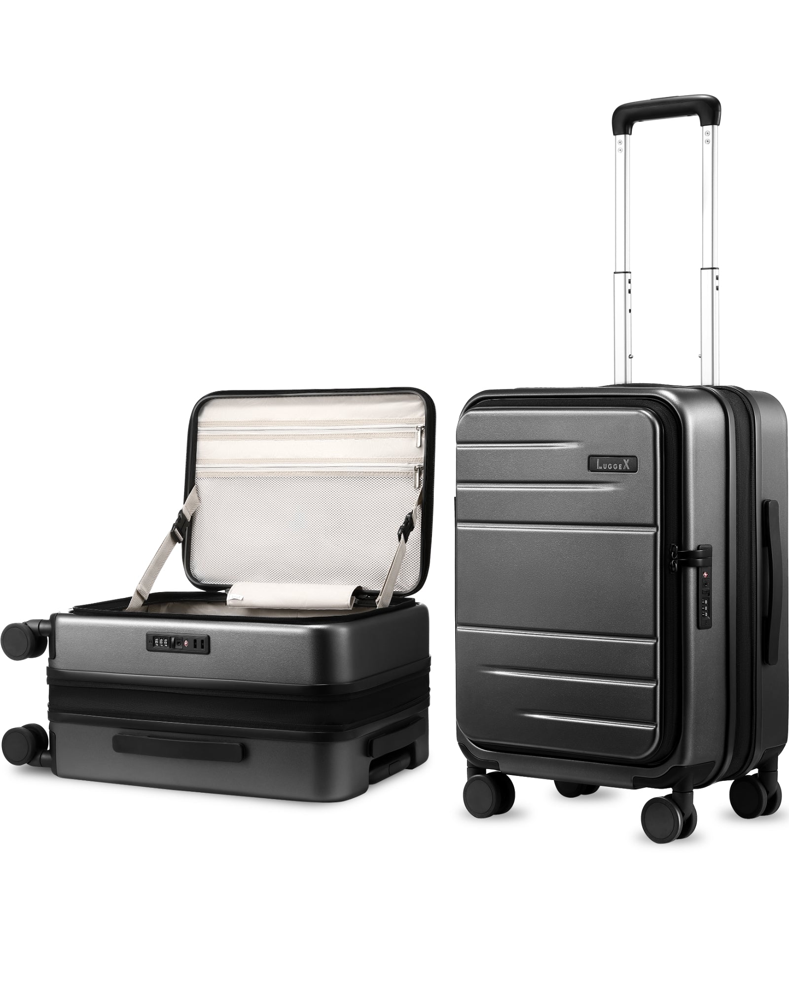 LUGGEX FLO Lite 20-inch blue carry-on luggage with front-opening hard-shell design, TSA lock, and spinner wheels, shown open and upright