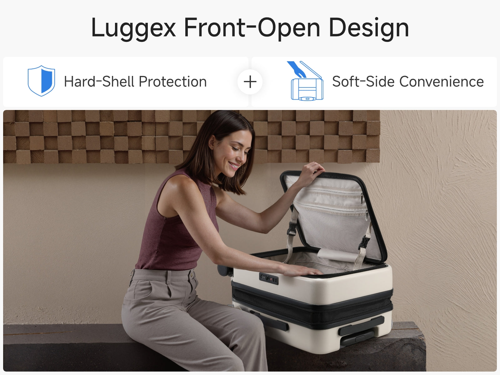 LUGGEX FLO Lite 20-inch beige carry-on luggage with front-opening hard-shell design for quick and easy access.