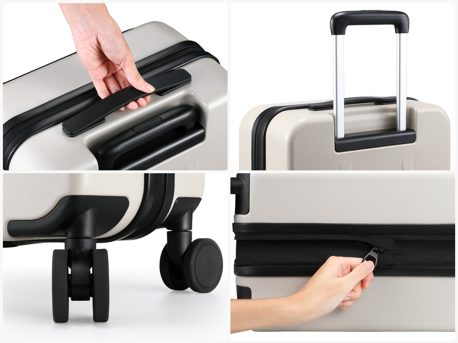 “Side carry handle on LUGGEX FLO Lite 20-inch beige carry-on luggage for easy lifting.”
“Adjustable telescopic handle on LUGGEX FLO Lite 20-inch beige carry-on suitcase for smooth rolling.”
“Smooth 360° spinner wheels on LUGGEX FLO Lite 20-inch beige carry-on hard-shell luggage.”
“Durable zipper detail on LUGGEX FLO Lite 20-inch beige carry-on luggage with secure closure.”