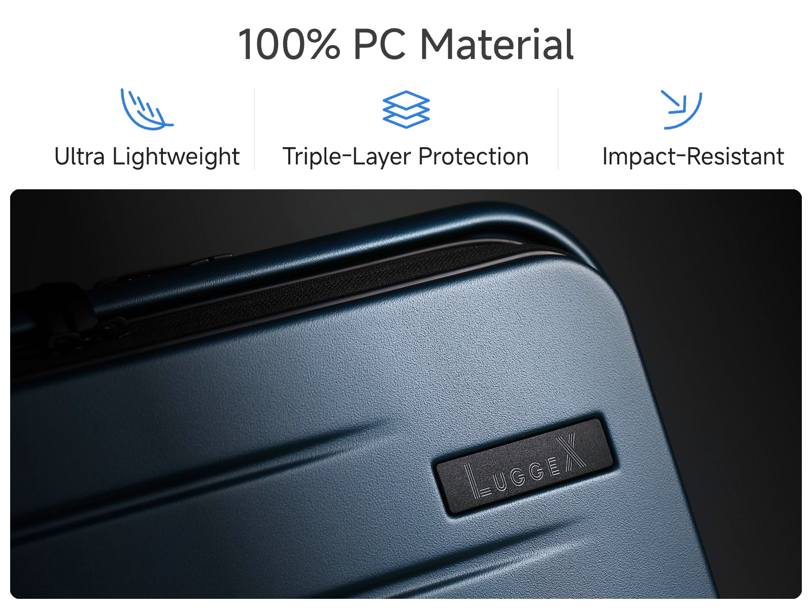 Close-up of LUGGEX FLO Lite blue carry-on luggage shell made from 100% polycarbonate with ultra-lightweight, triple-layer protection, and impact-resistant design