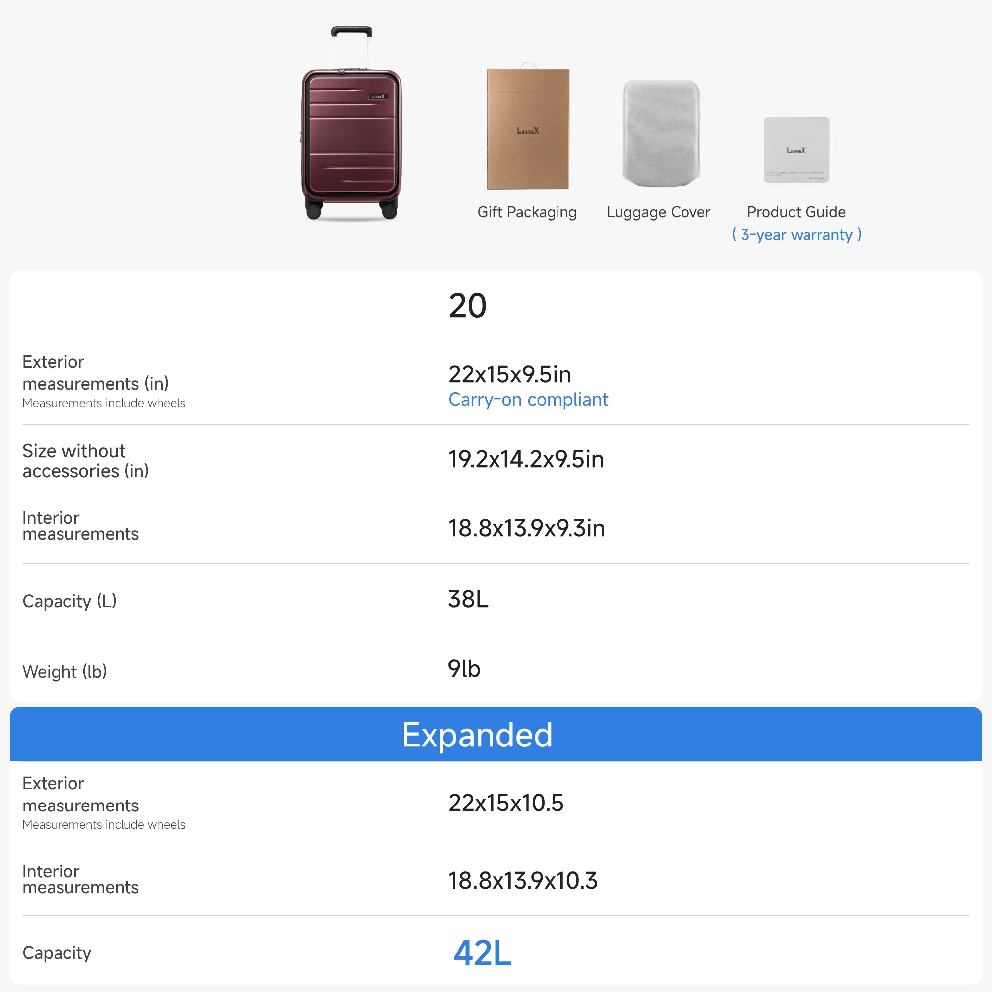 LUGGEX 20-inch carry-on suitcase size chart showing dimensions, weight, and expanded 42L capacity with gift packaging, luggage cover, and 3-year warranty.