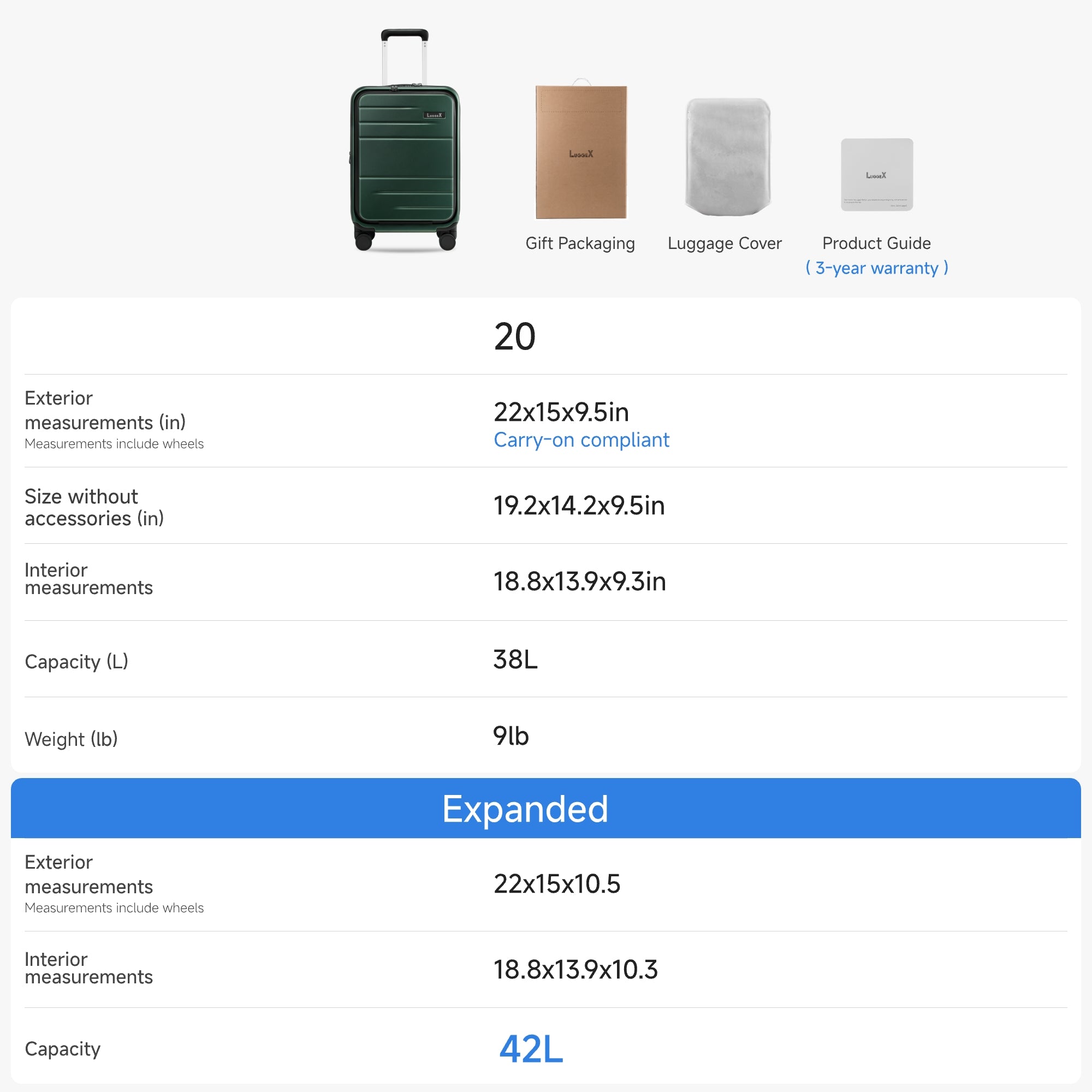 LUGGEX 20-inch carry-on suitcase size chart showing dimensions, weight, and expanded 42L capacity with gift packaging, luggage cover, and 3-year warranty