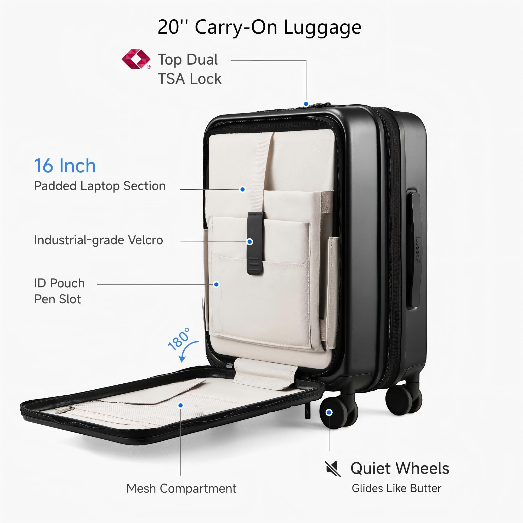 LUGGEX FLO5 20-inch front-open carry-on suitcase showing 16-inch padded laptop section, dual TSA lock, mesh pocket, and quiet spinner wheels for smooth travel.
#color_charcoal