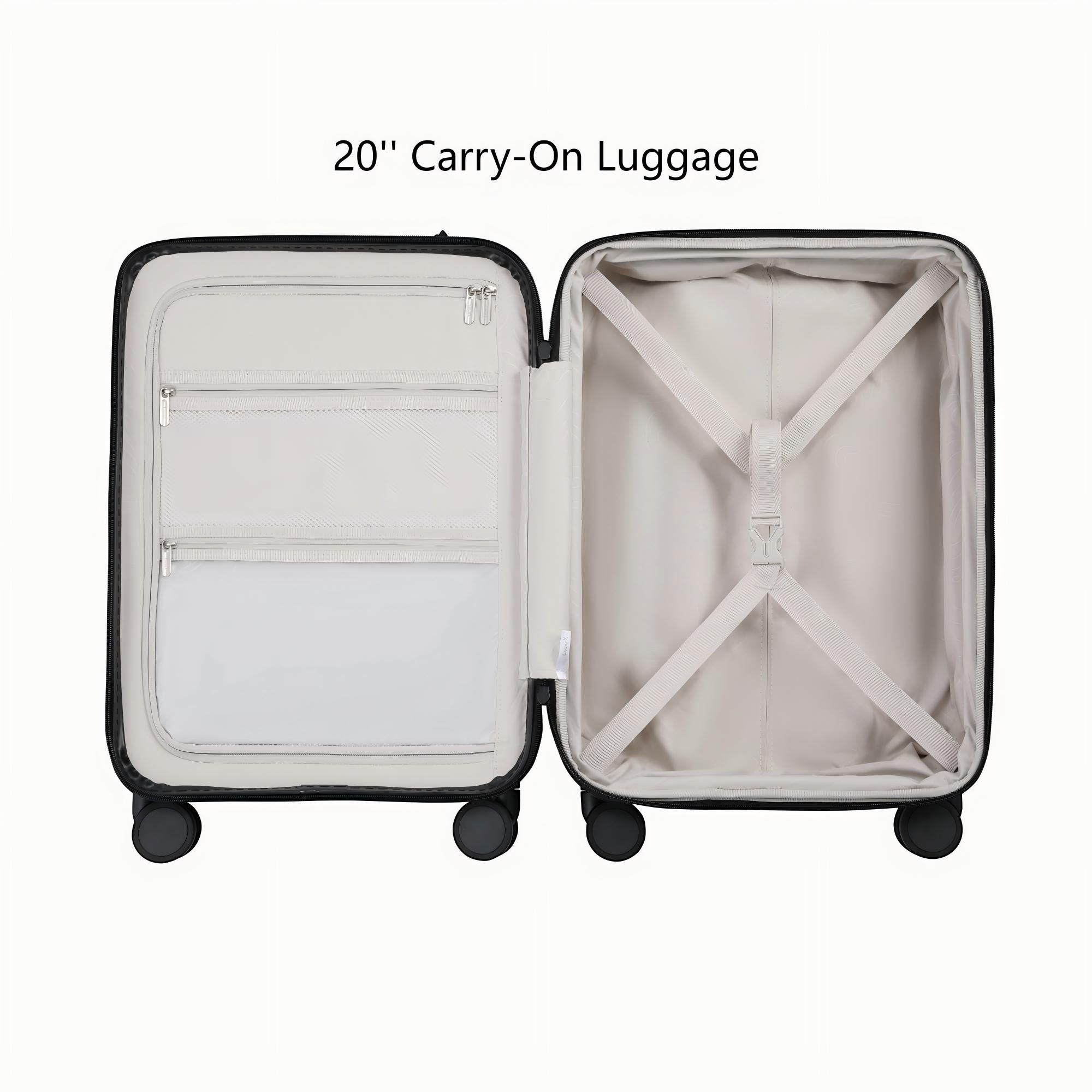 LUGGEX FLO5 20-inch front-open carry-on luggage interior showing cross straps, mesh zipper pockets, waterproof pocket, and organized design for efficient packing.