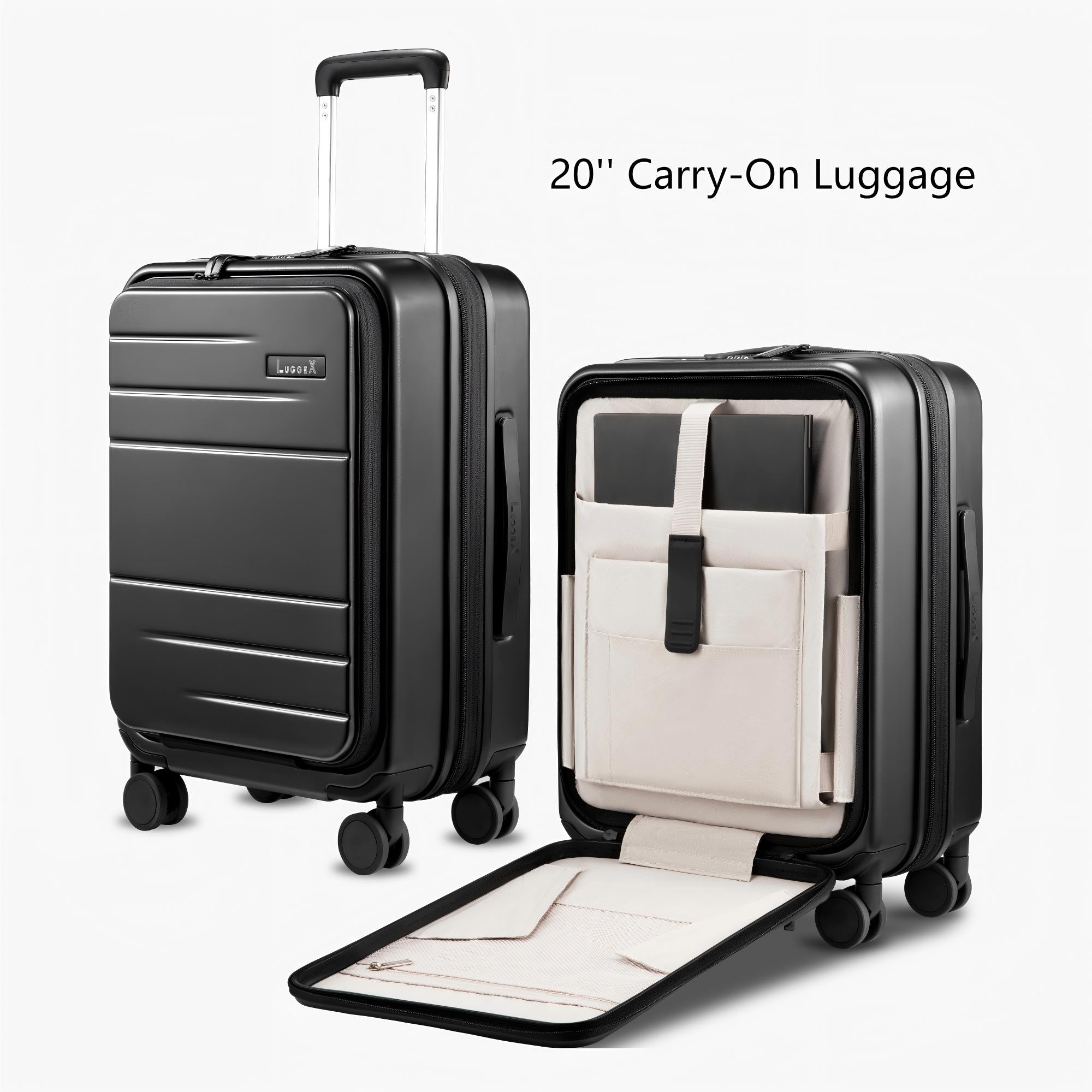 LUGGEX FLO5 20-inch front-open carry-on luggage showing padded laptop compartment, mesh pocket, and organized front section for easy access during travel.