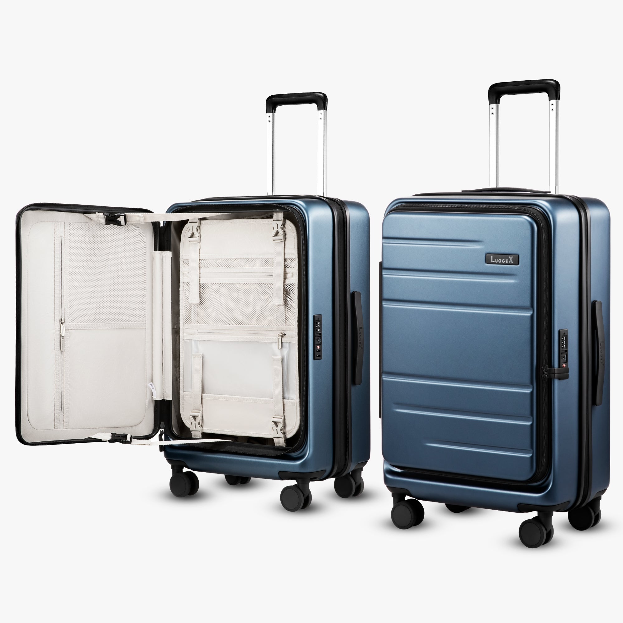 LUGGEX FLO 5 24-inch top-open and front-open suitcase in charcoal, featuring TSA-approved lock, and organized interior compartments.
#color_blue #show