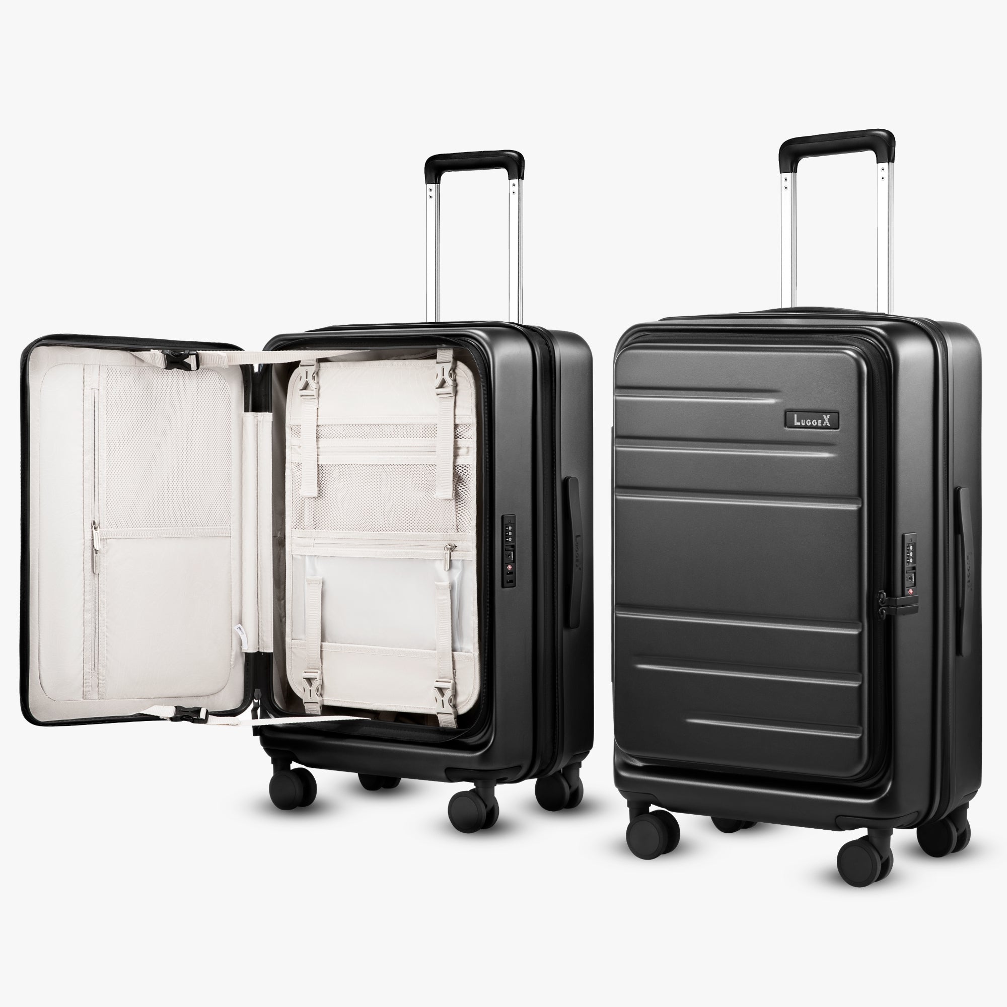 LUGGEX FLO 5 24-inch top-open and front-open suitcase in charcoal, featuring TSA-approved lock, and organized interior compartments.