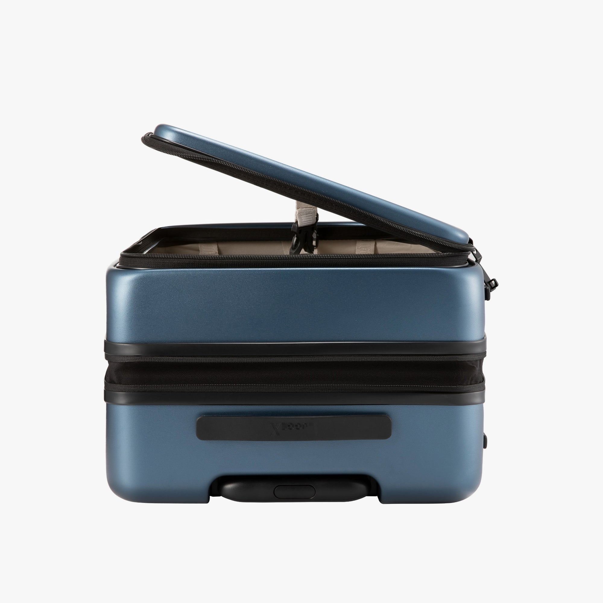 LUGGEX FLO 5 24-inch top-open suitcase showing space-saving design — half the footprint, double the convenience, ideal for cars, hotels, and tight spaces.