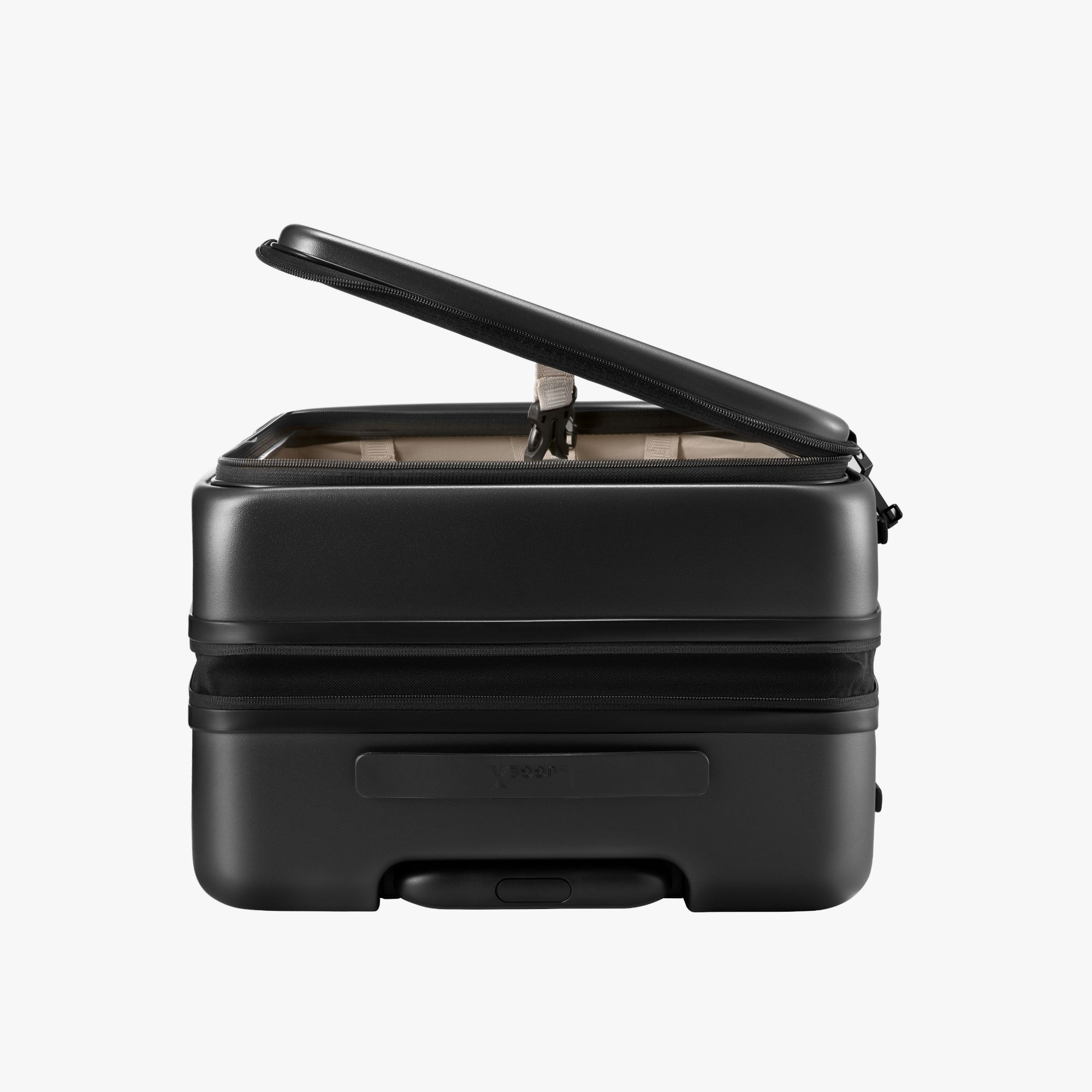 LUGGEX FLO 5 Core 24-inch top-open suitcase showing space-saving design — half the footprint, double the convenience, ideal for cars, hotels, and tight spaces.