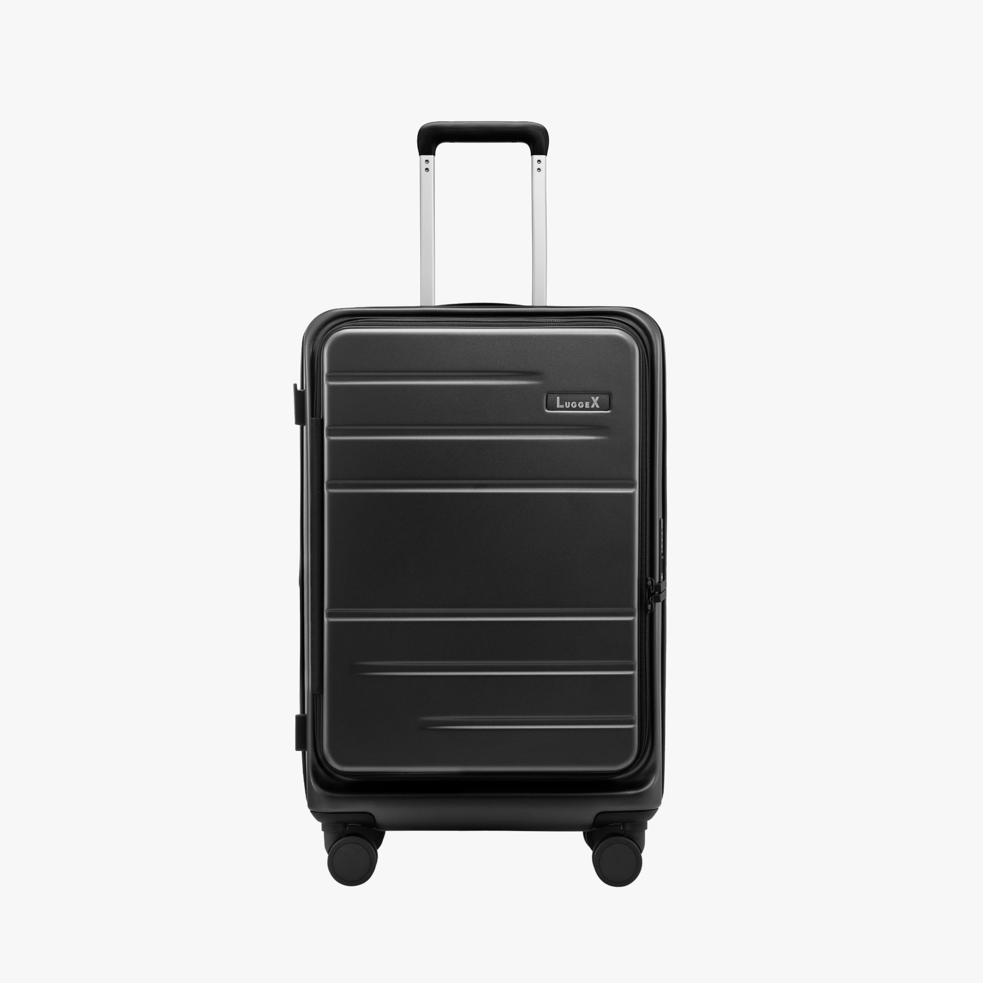 Front view of LUGGEX FLO 5 24-inch charcoal zipper suitcase made from 100% polycarbonate with durable shell and smooth spinner wheels