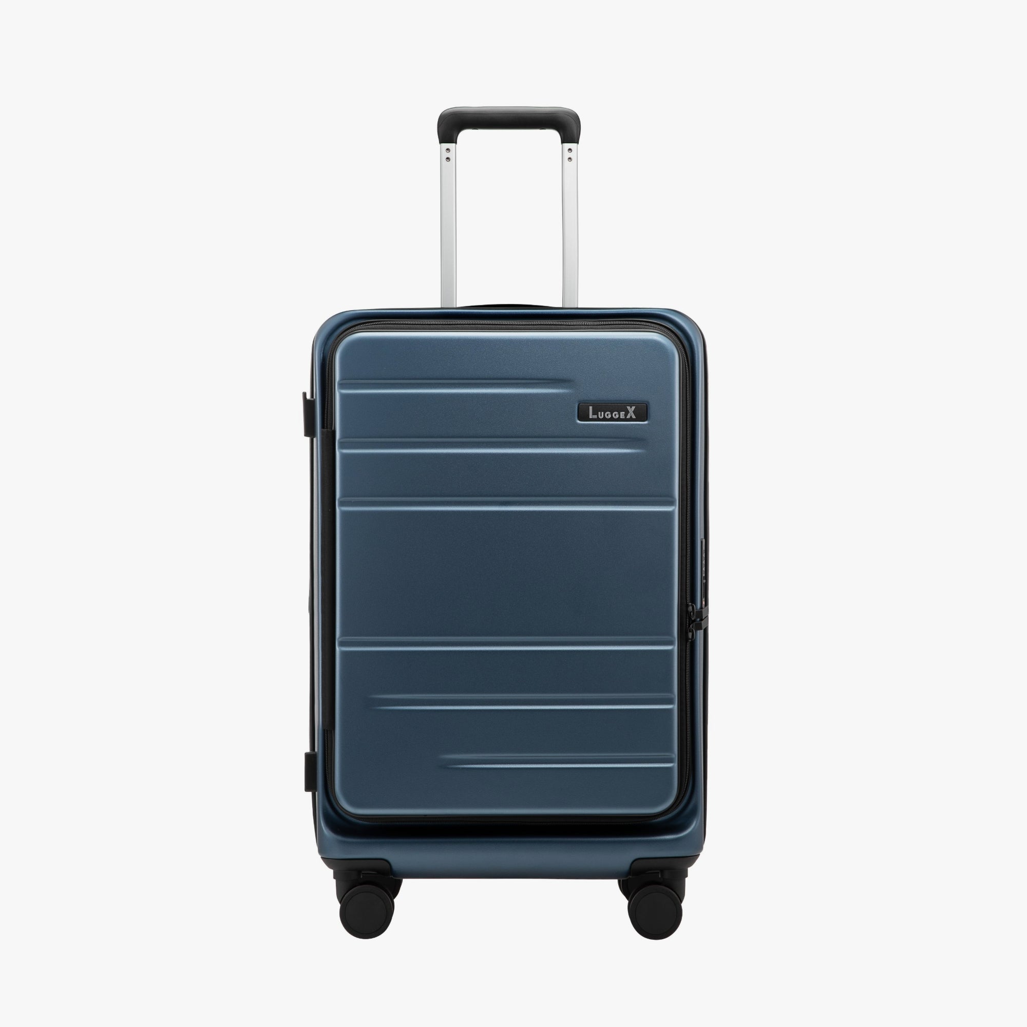 Front view of LUGGEX FLO 5 24-inch zipper suitcase made from 100% polycarbonate with durable shell and smooth spinner wheels