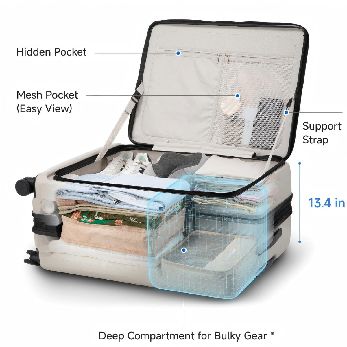 Check-In Luggage #LUGGEX FLO5 28-inch top-open check-in luggage showing deep 13.4-inch compartment for bulky gear. Features hidden pocket, mesh pocket for easy view, and support straps for organized, space-saving packing. Made from 100% polycarbonate. #color_purple #show