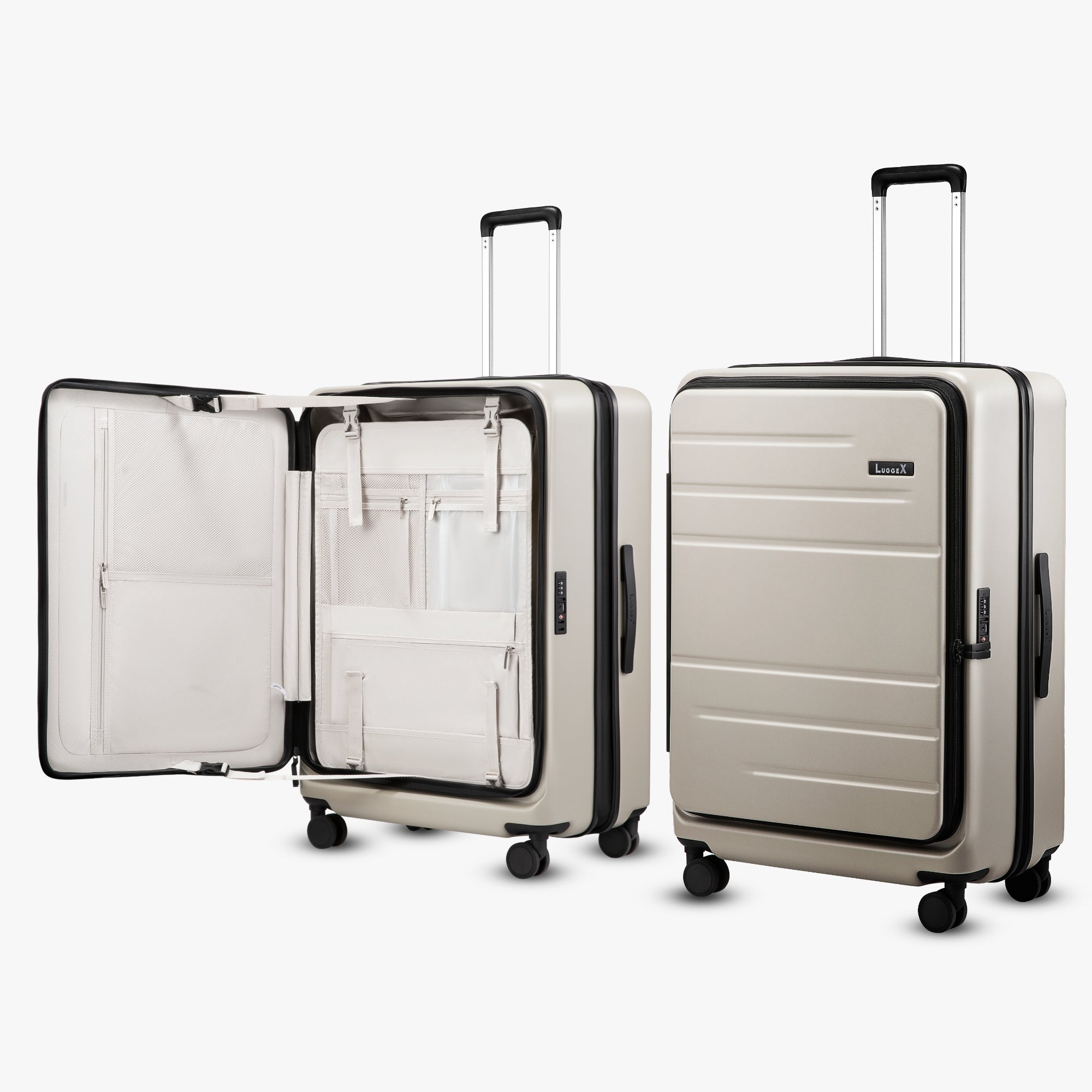 LUGGEX FLO5 28-inch top-open and front-opening check-in luggage, made from 100% polycarbonate, featuring deep expandable packing space, TSA-approved lock, and 360° silent spinner wheels.