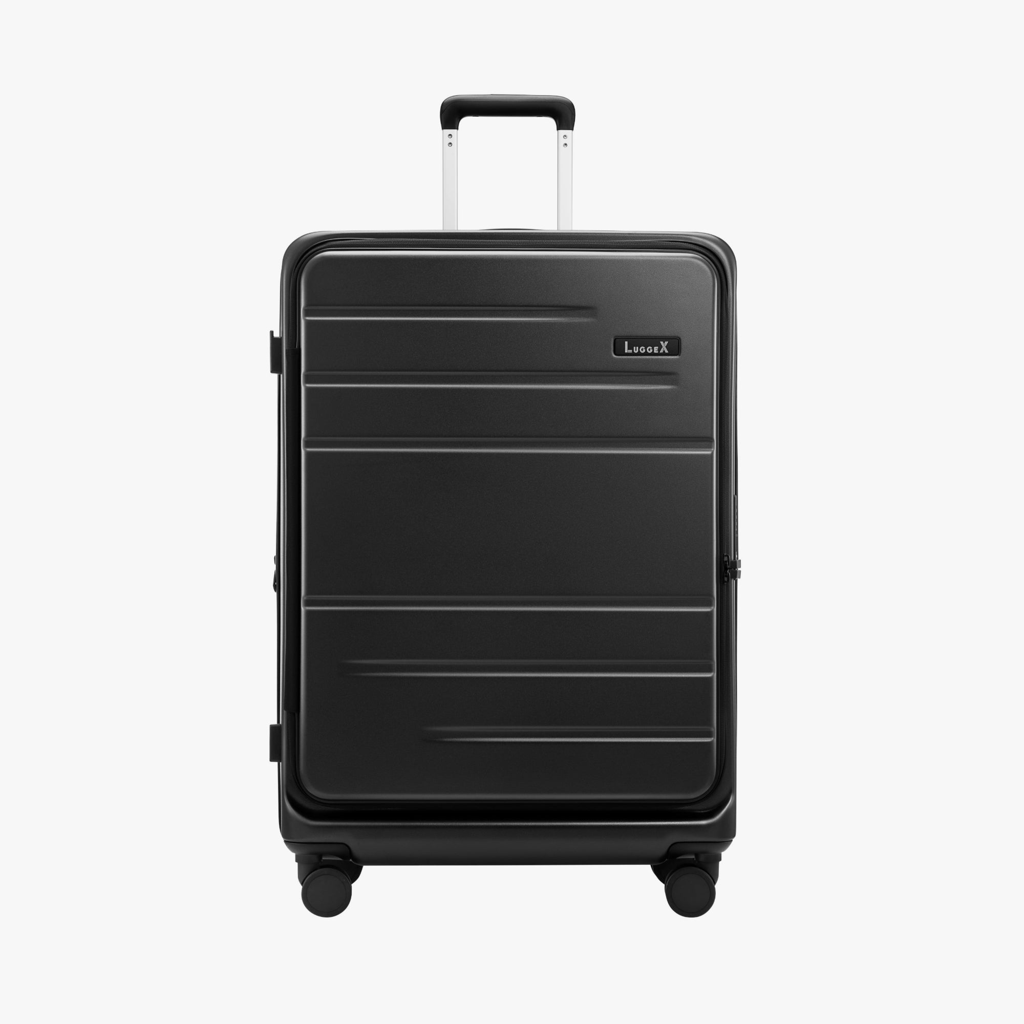 Front view of LUGGEX FLO5 28-inch top-open luggage, made from 100% polycarbonate for lightweight durability and a sleek, modern look. Built for smooth, secure travel. #charcoal_metallic