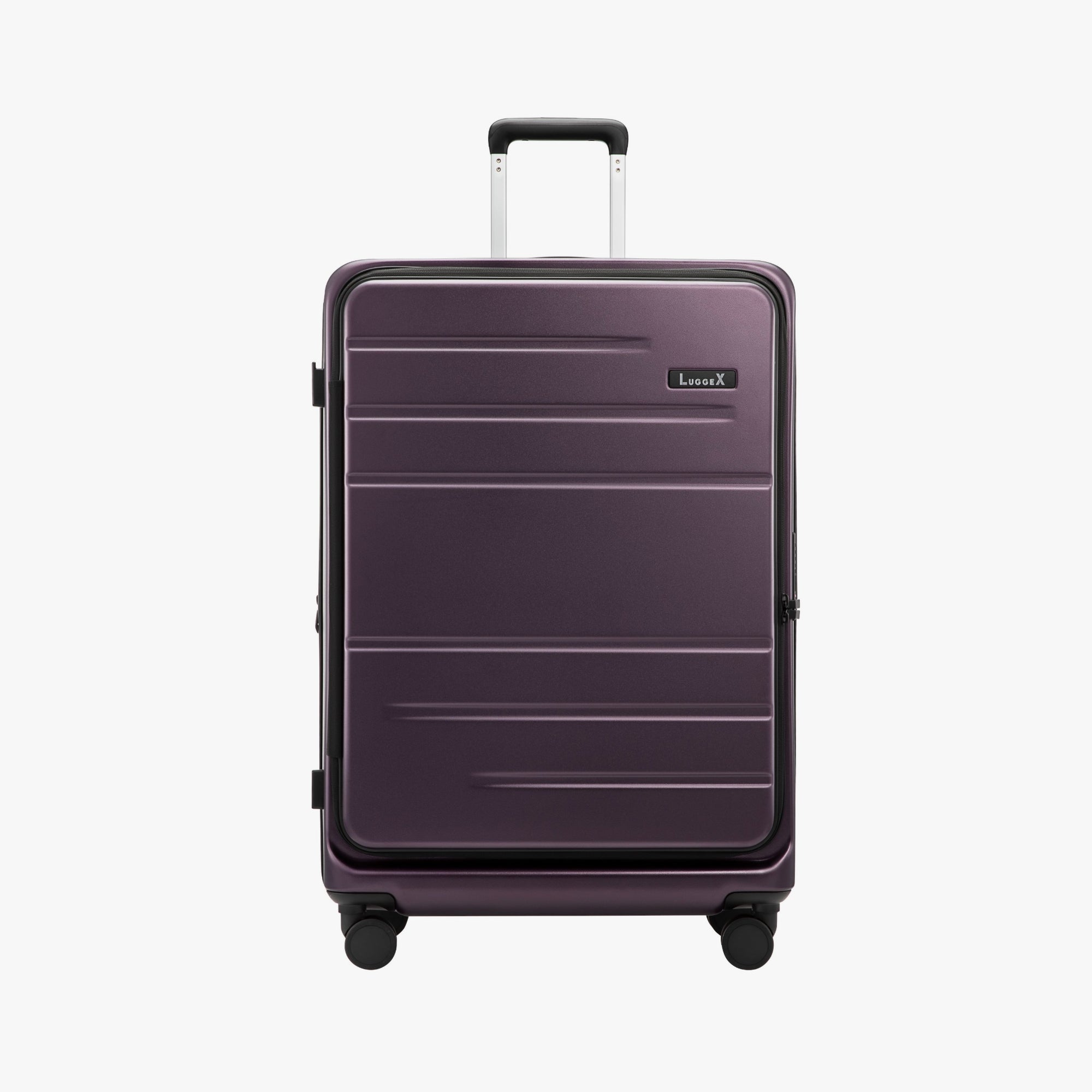 Front view of LUGGEX FLO5 28-inch top-open luggage, made from 100% polycarbonate for lightweight durability and a sleek, modern look. Built for smooth, secure travel.