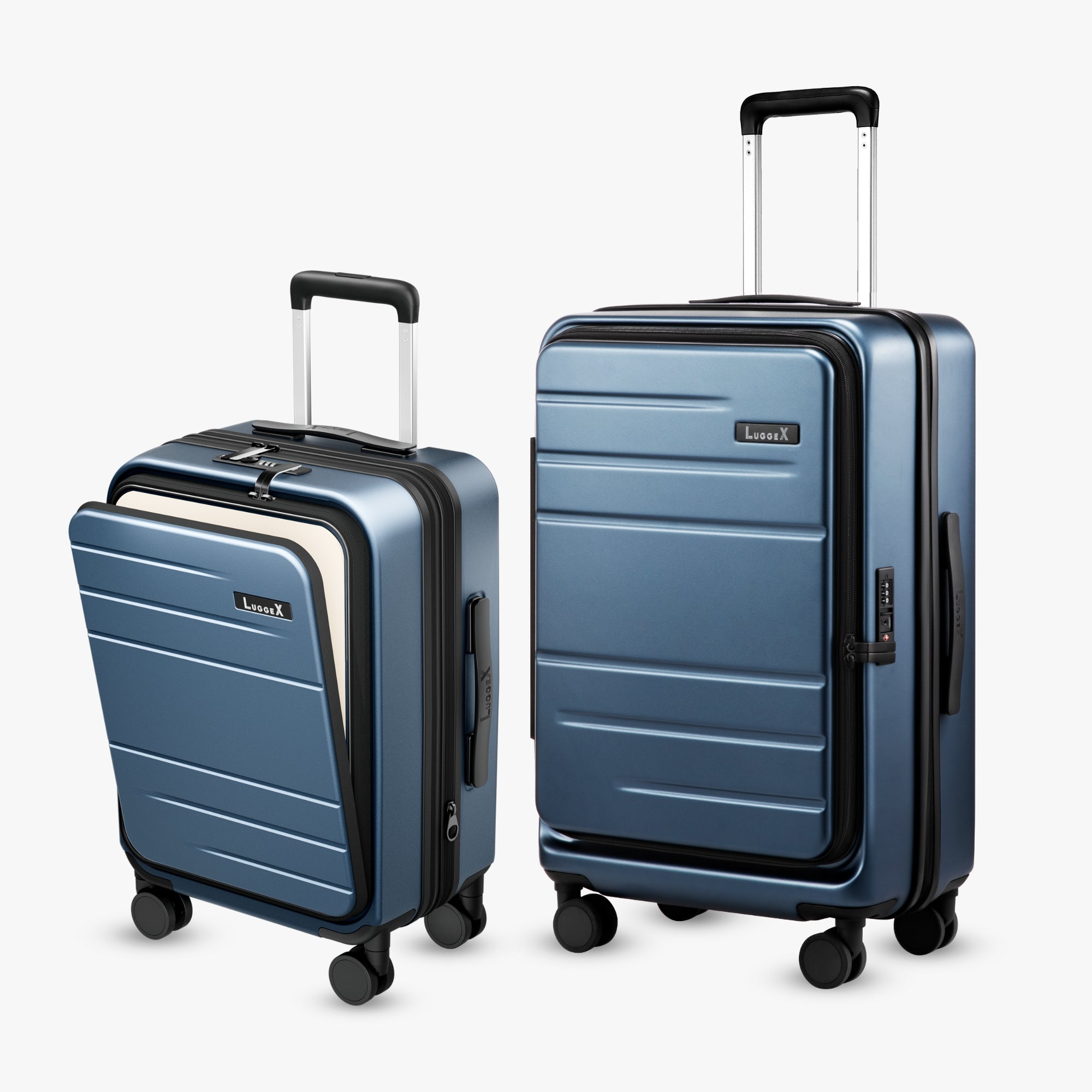 LUGGEX FLO5 front-open carry-on and 24-inch top-open luggage in charcoal metallic, featuring durable polycarbonate shells, TSA-approved locks, and smooth spinner wheels.
#show
#color_blue