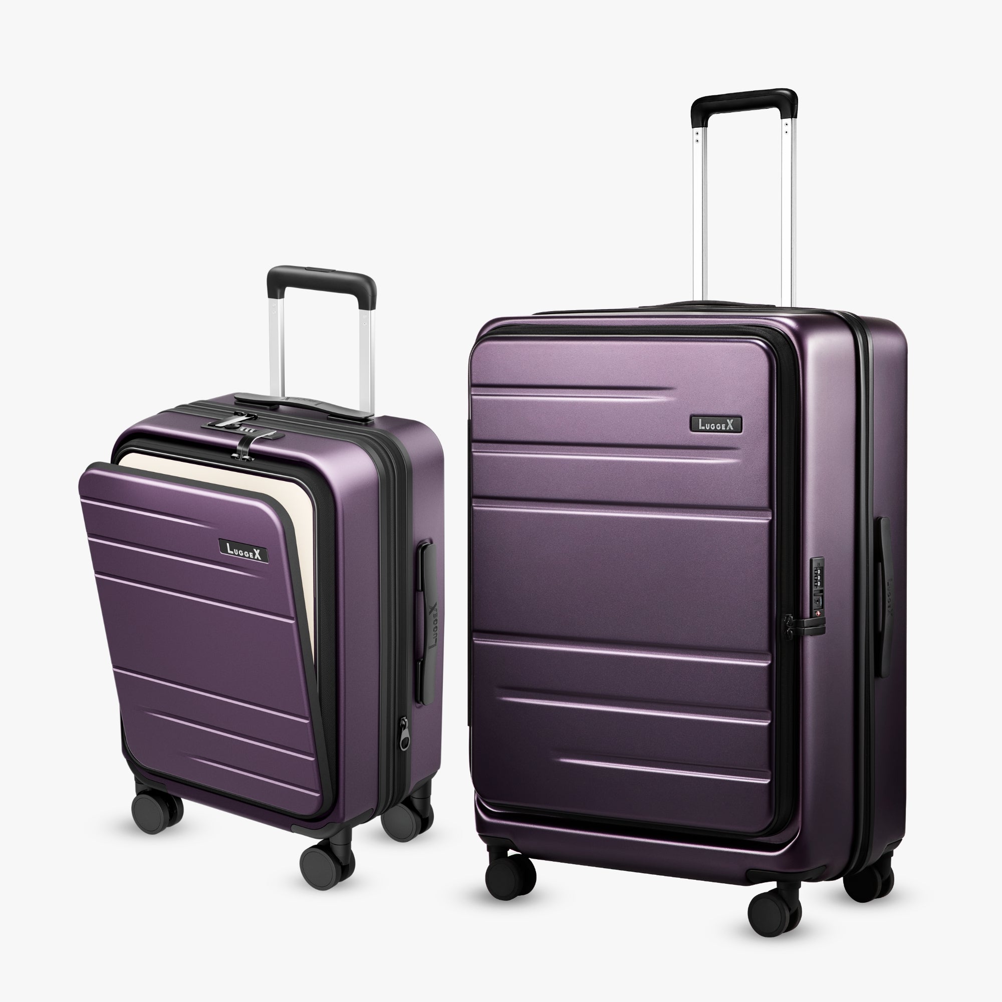 LUGGEX FLO5 front-open carry-on and 28-inch top-open luggage in charcoal metallic, featuring durable polycarbonate shells, TSA-approved locks, and smooth spinner wheels.
#show
#color_purple
