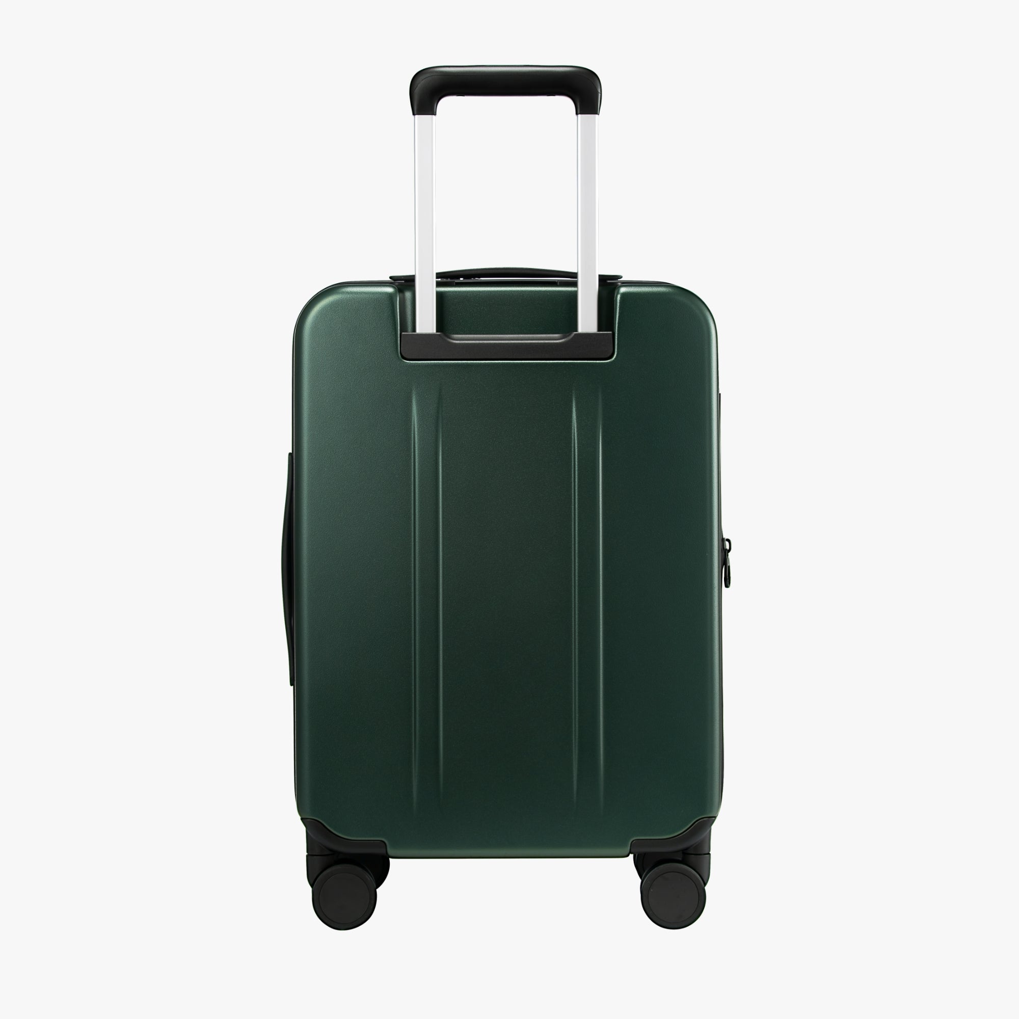 Back view of Luggex FLO 5 Core 20-inch 100% polycarbonate carry-on suitcase with retractable handle and smooth design.