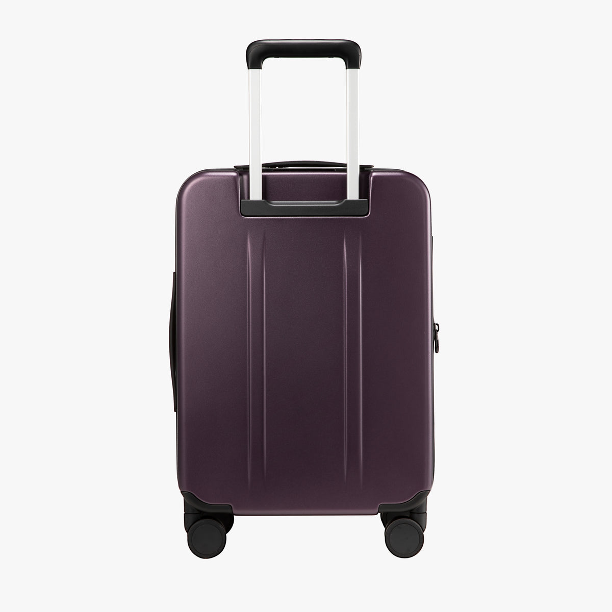 Back view of LUGGEX FLO 5 Core 20-inch 100% polycarbonate carry-on suitcase with retractable handle and smooth design. #color_purple #show