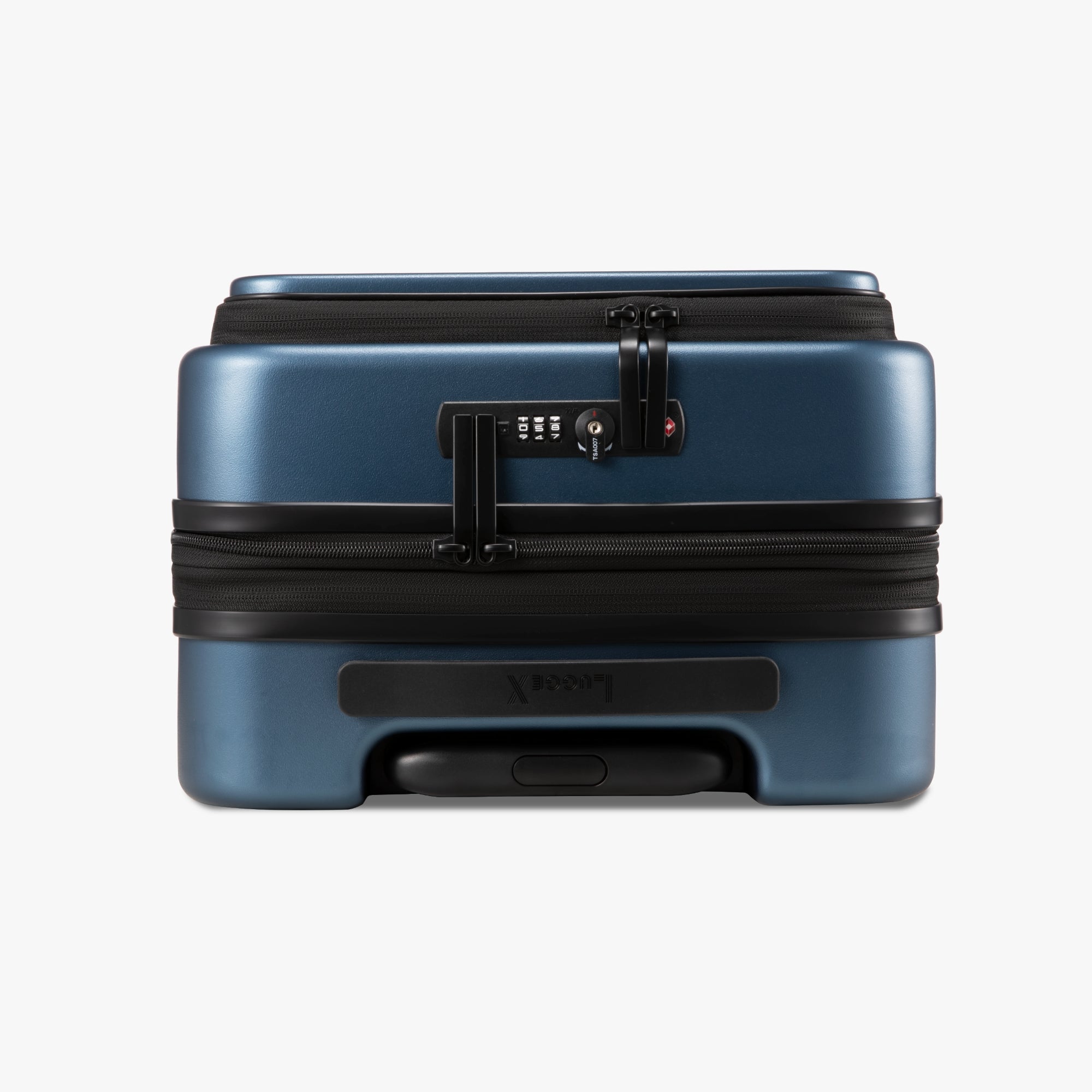 Close-up of dual TSA lock and expandable zipper on LUGGEX FLO 5 Core 20-inch carry-on suitcase