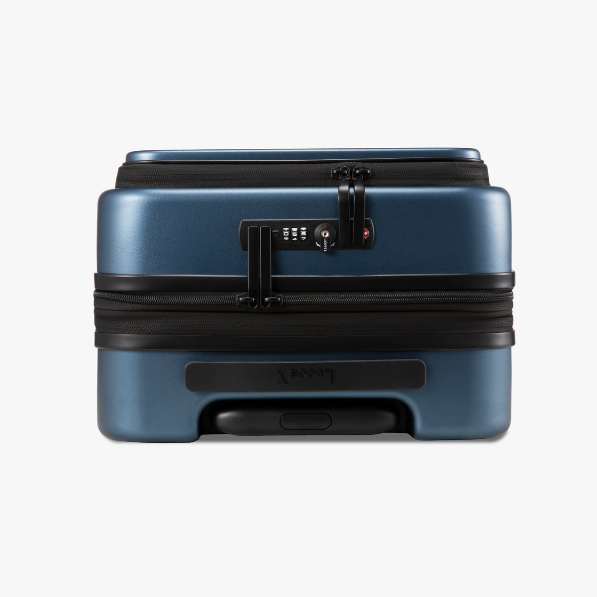 Close-up view of dual TSA-approved locks on the LUGGEX FLO5 Core 20-inch carry-on suitcase.#color_blue #show