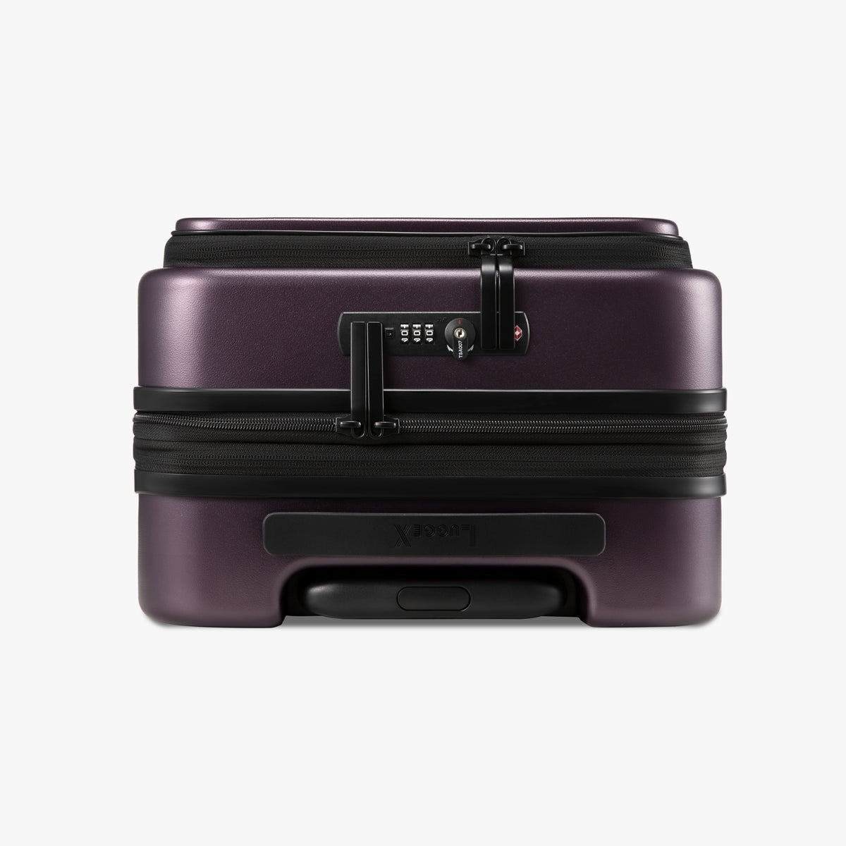 Close-up view of dual TSA-approved locks on the LUGGEX FLO5 Core 20-inch carry-on suitcase.#color_purple #show