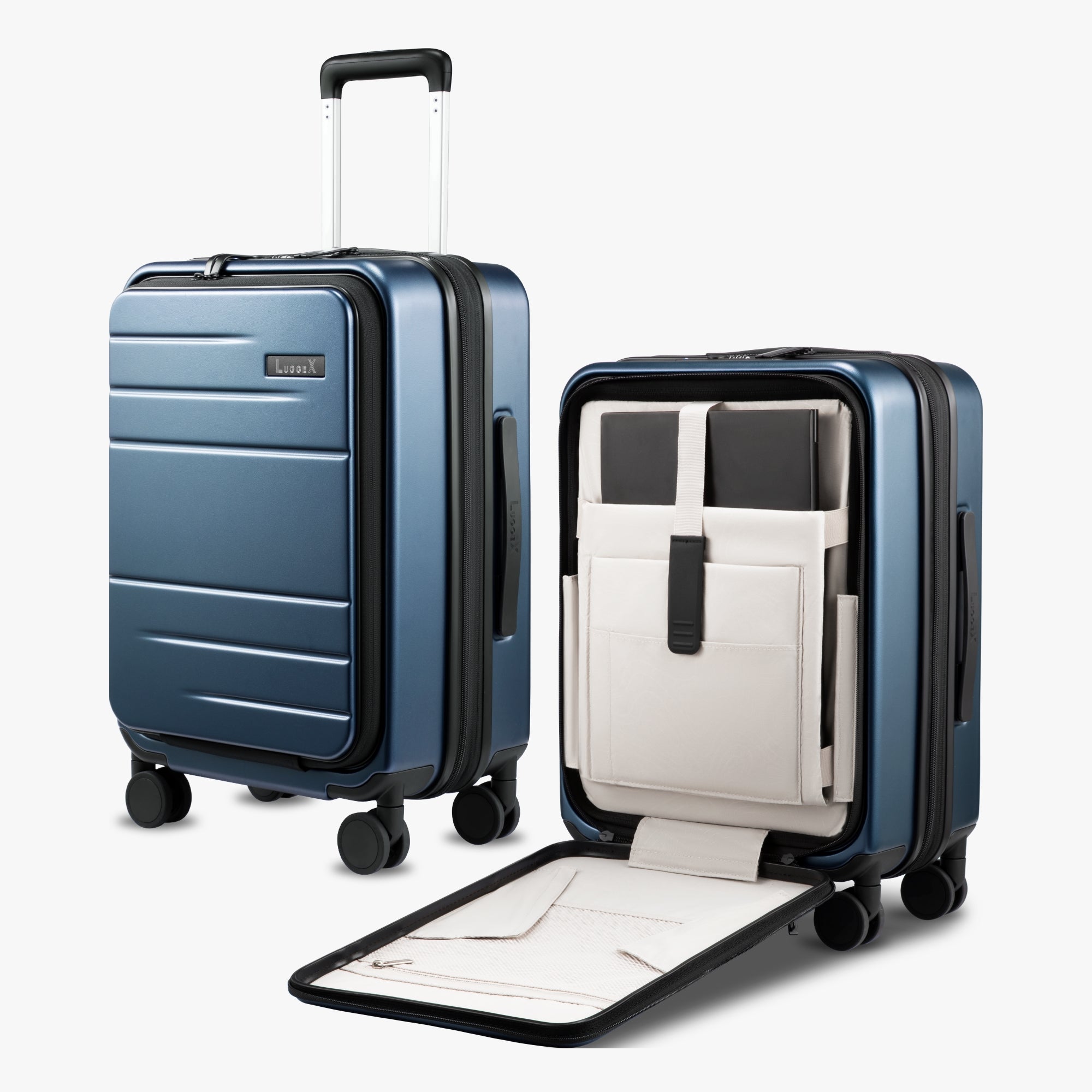 LUGGEX FLO 5 Core 20-inch front-opening carry-on luggage with built-in tech compartment and 180° opening design.