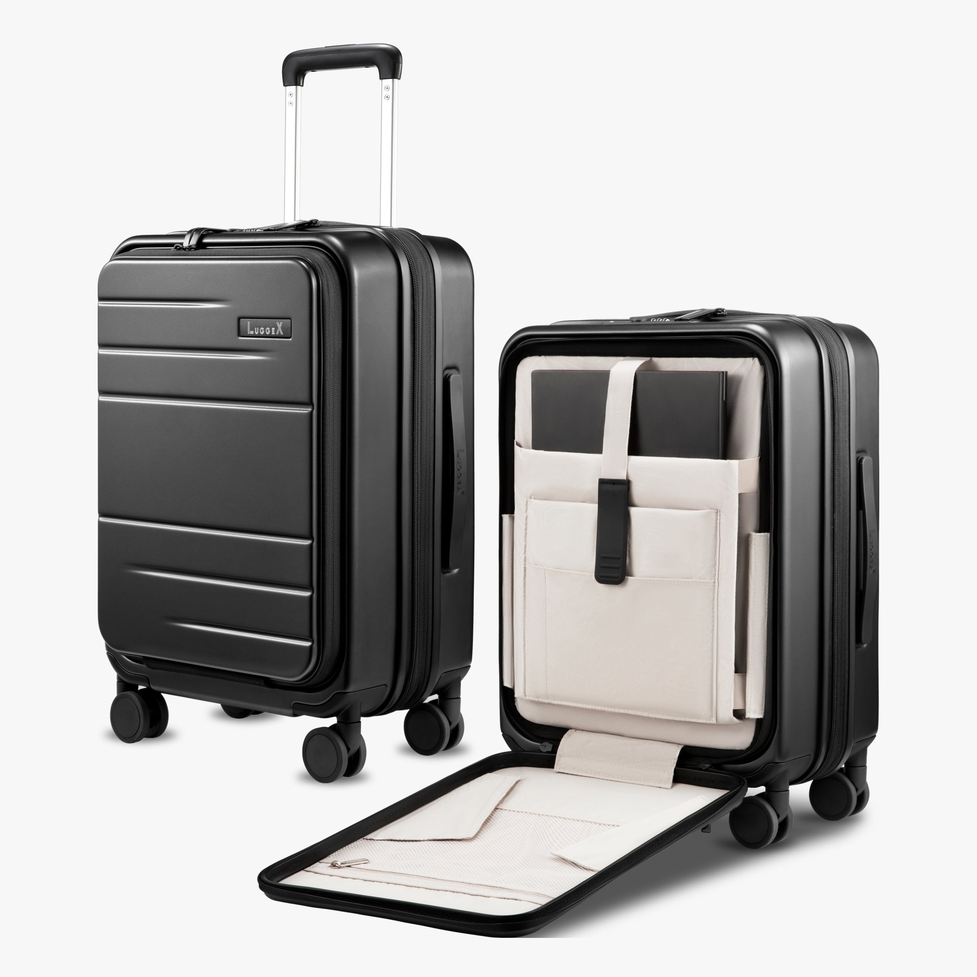 LUGGEX FLO 5 Core 20-inch front-opening carry-on luggage with built-in tech compartment and 180° opening design.