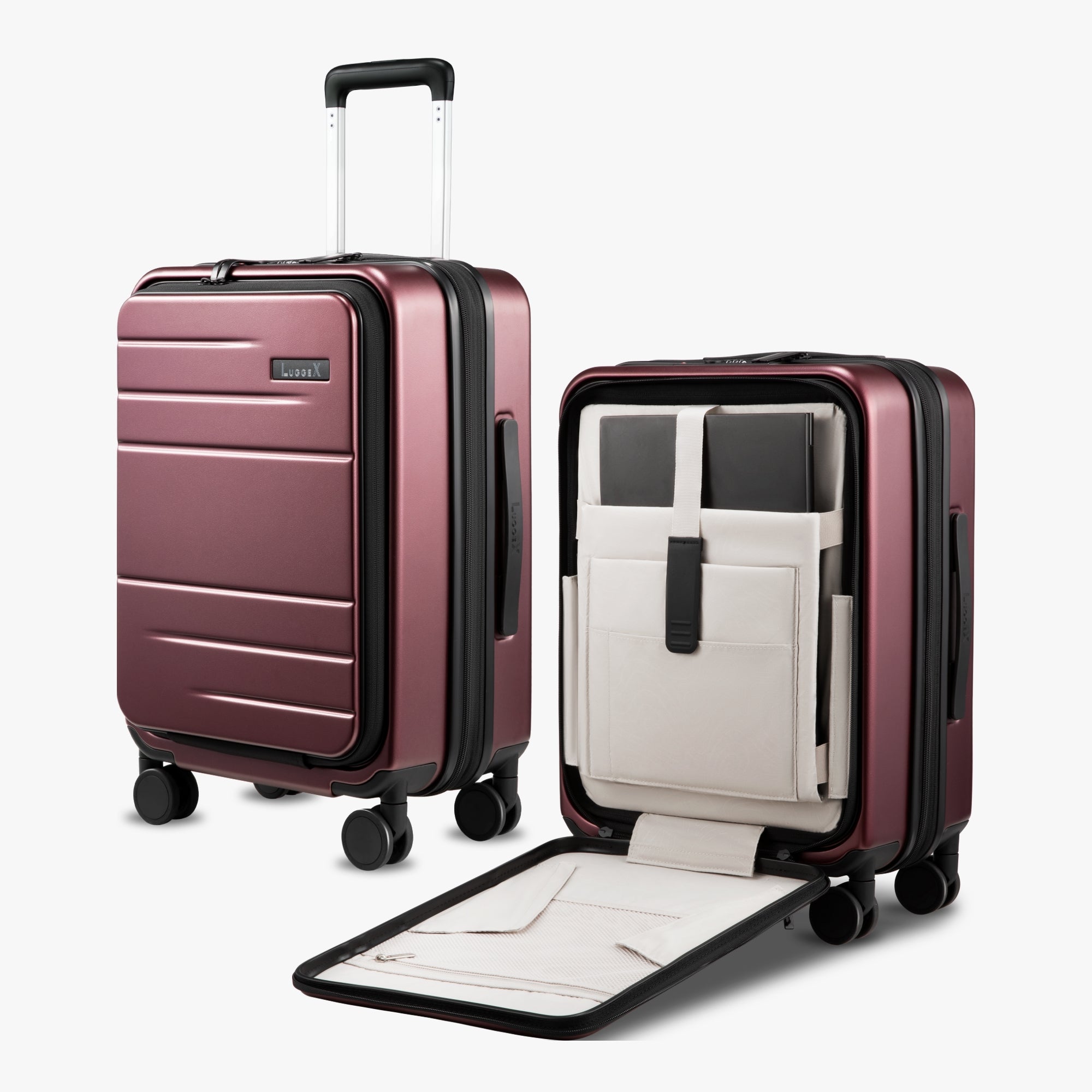 Luggex FLO 5 Core 20-inch front-opening carry-on luggage with built-in tech compartment and 180° opening design.
