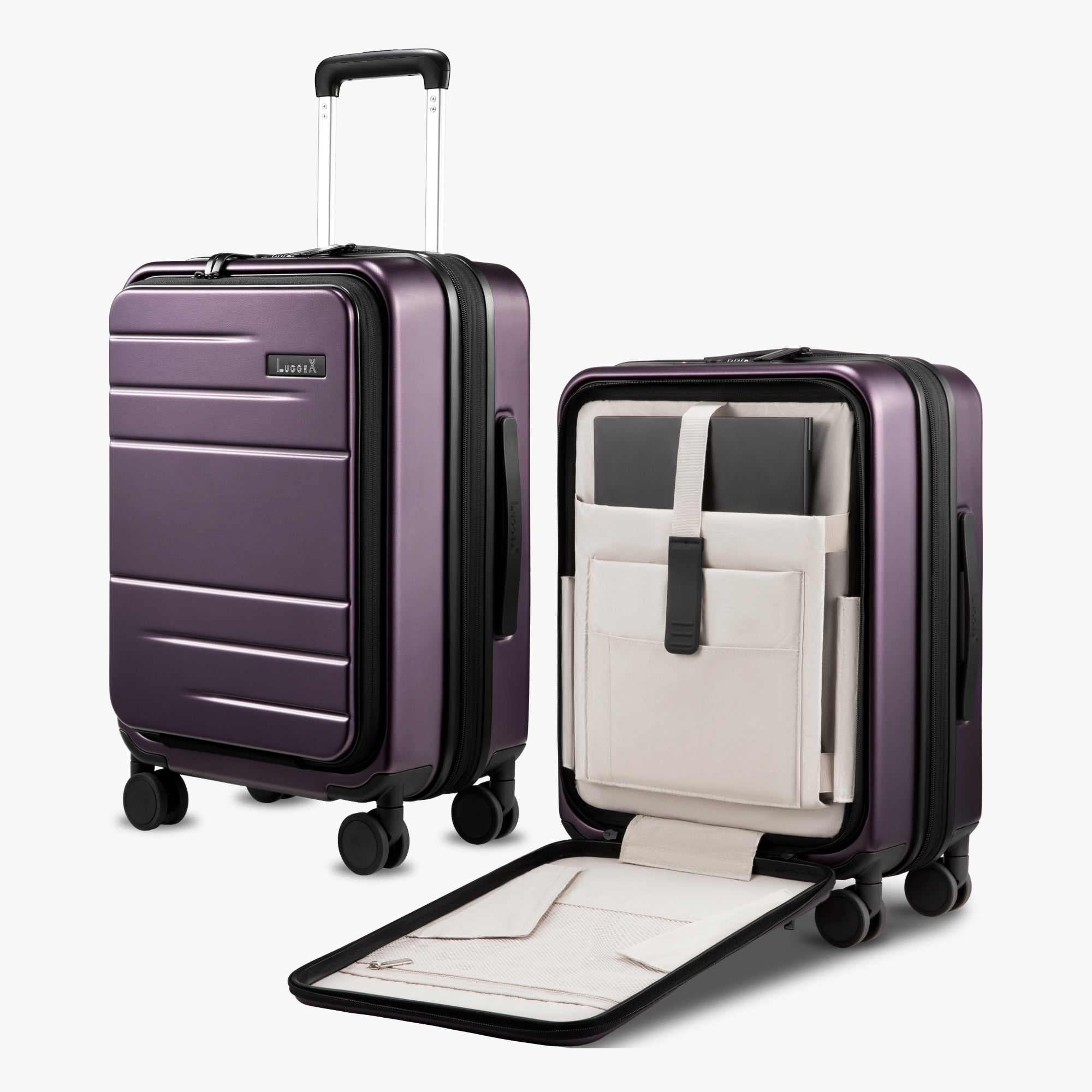 LUGGEX FLO 5 Core 20-inch front-opening carry-on luggage with built-in tech compartment and 180° opening design.