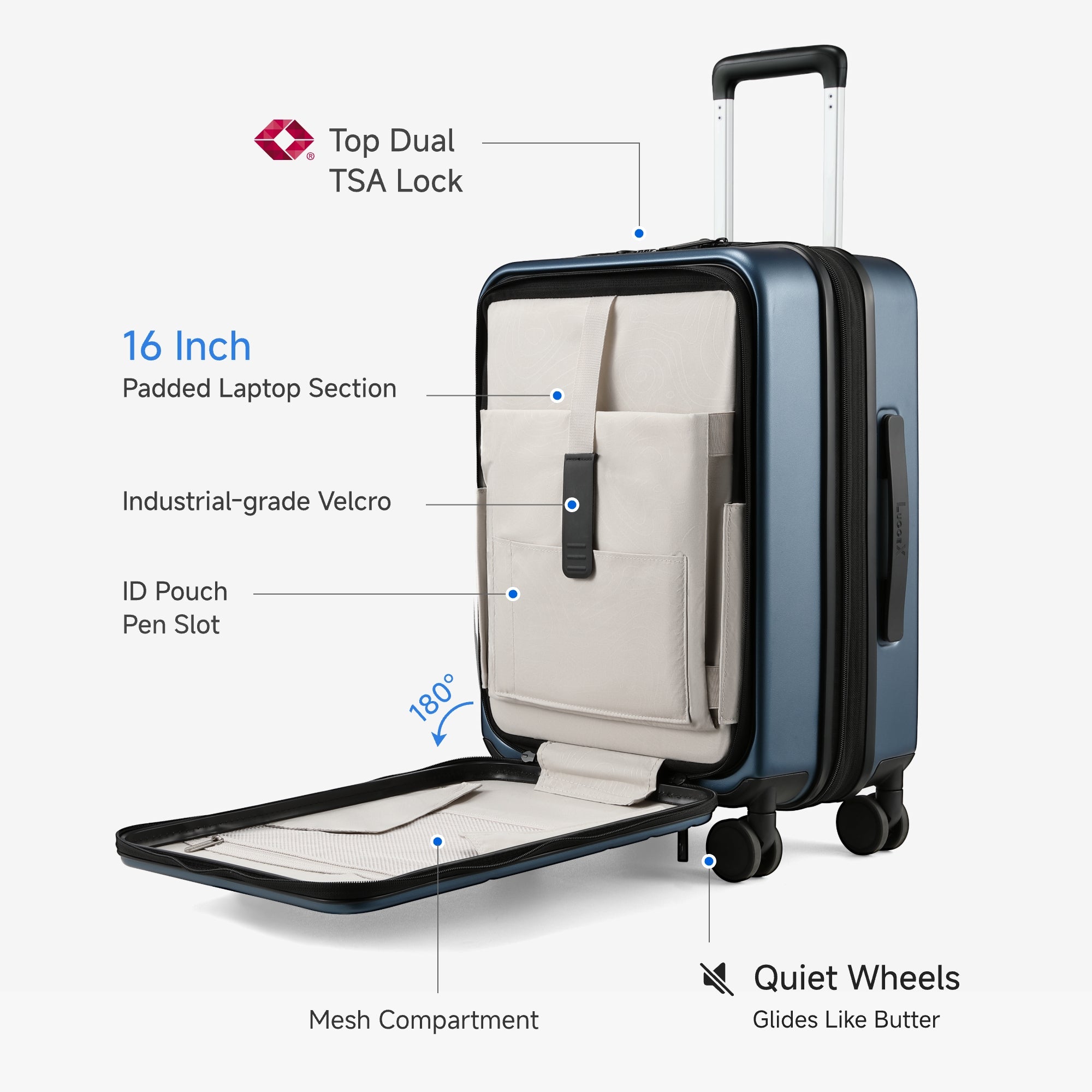 LUGGEX FLO 5 Core carry-on luggage showing 16-inch padded laptop section, mesh compartment, and dual TSA lock for easy business travel.