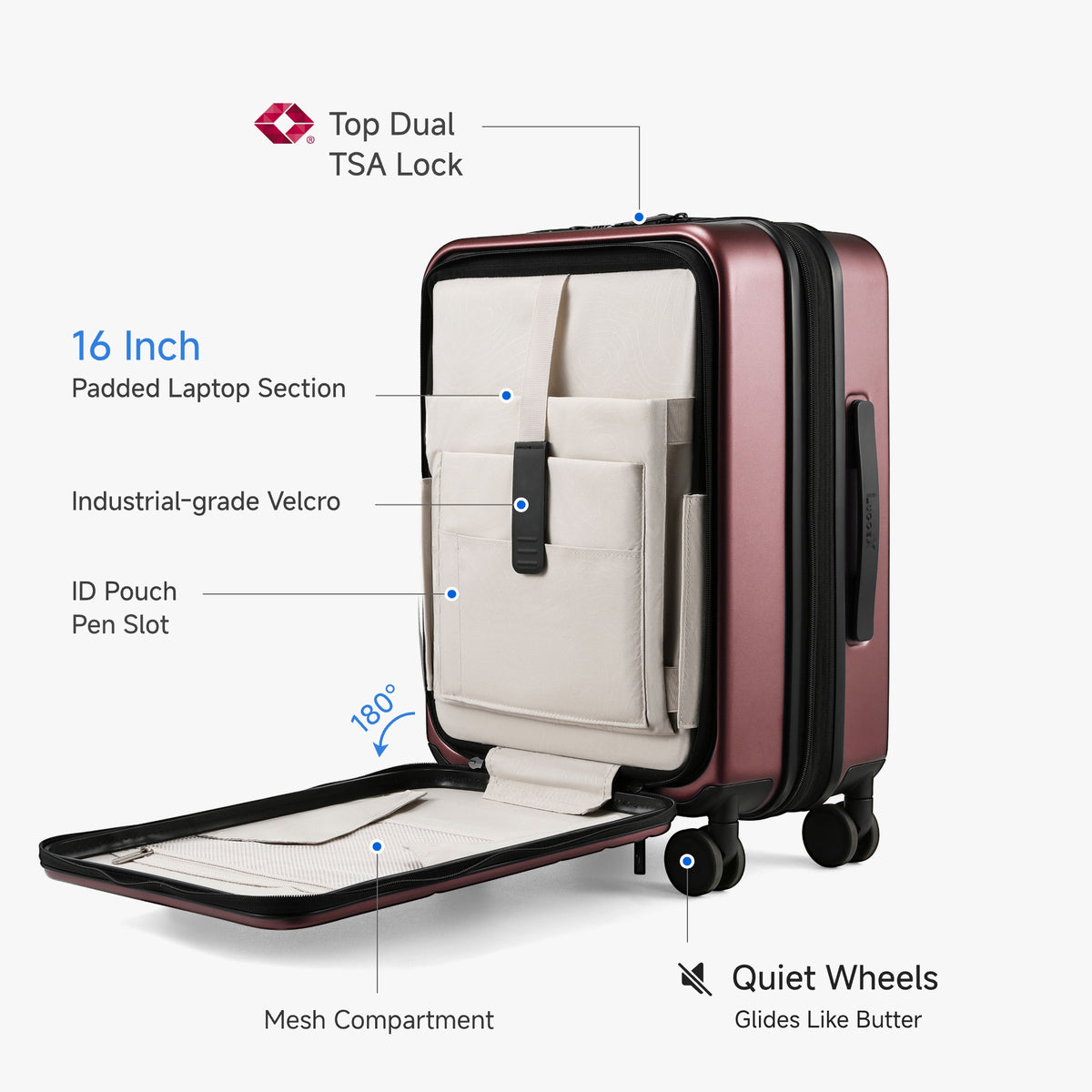 Luggex FLO 5 Core carry-on luggage showing 16-inch padded laptop section, mesh compartment, and dual TSA lock for easy business travel.
