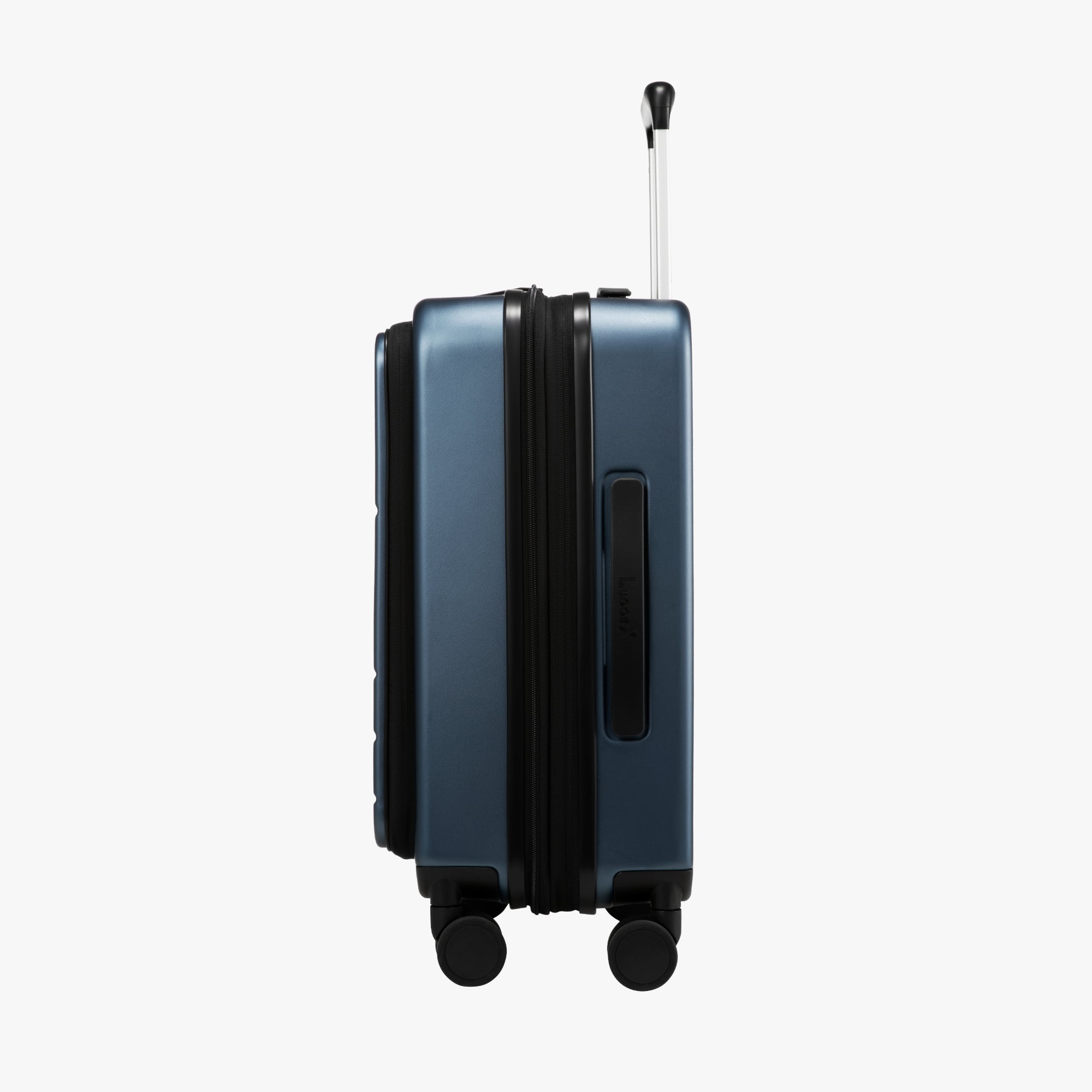 Side profile of LUGGEX FLO 5 Core 20-inch front-opening suitcase highlighting compact and sleek body design.
