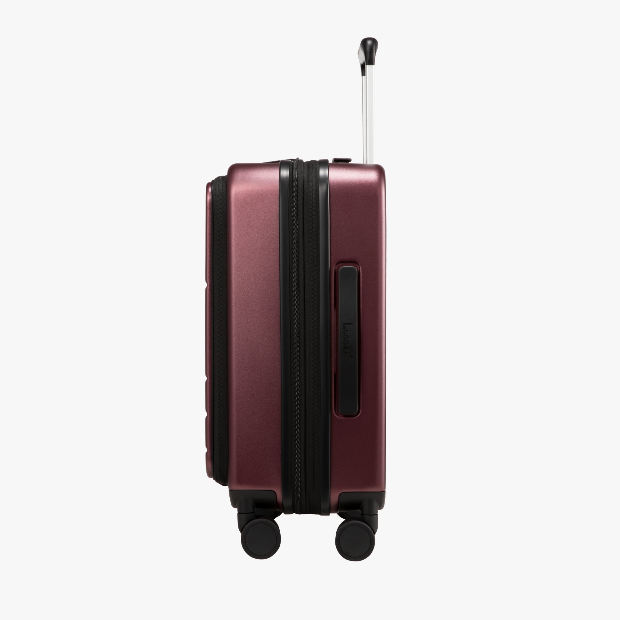 Side profile of Luggex FLO 5 Core 20-inch front-opening suitcase highlighting compact and sleek body design.
