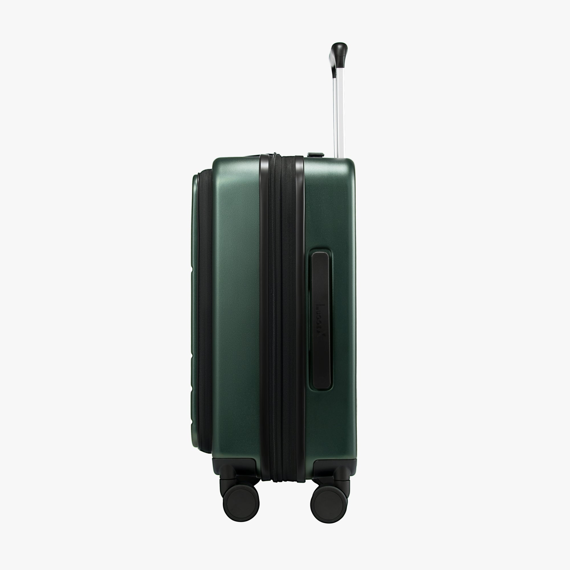 Side profile of Luggex FLO 5 Core 20-inch front-opening suitcase highlighting compact and sleek body design.