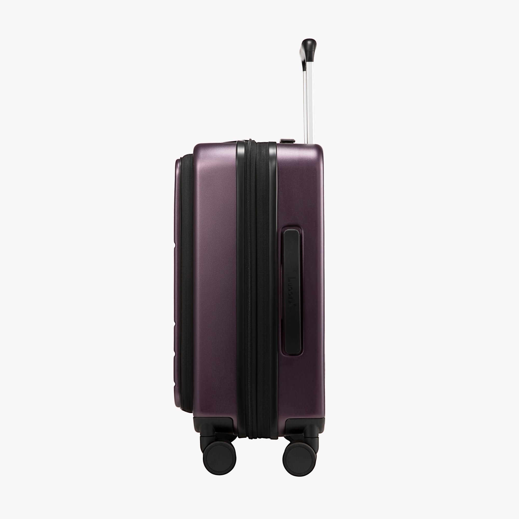 Side profile of LUGGEX FLO 5 Core 20-inch front-opening suitcase highlighting compact and sleek body design.