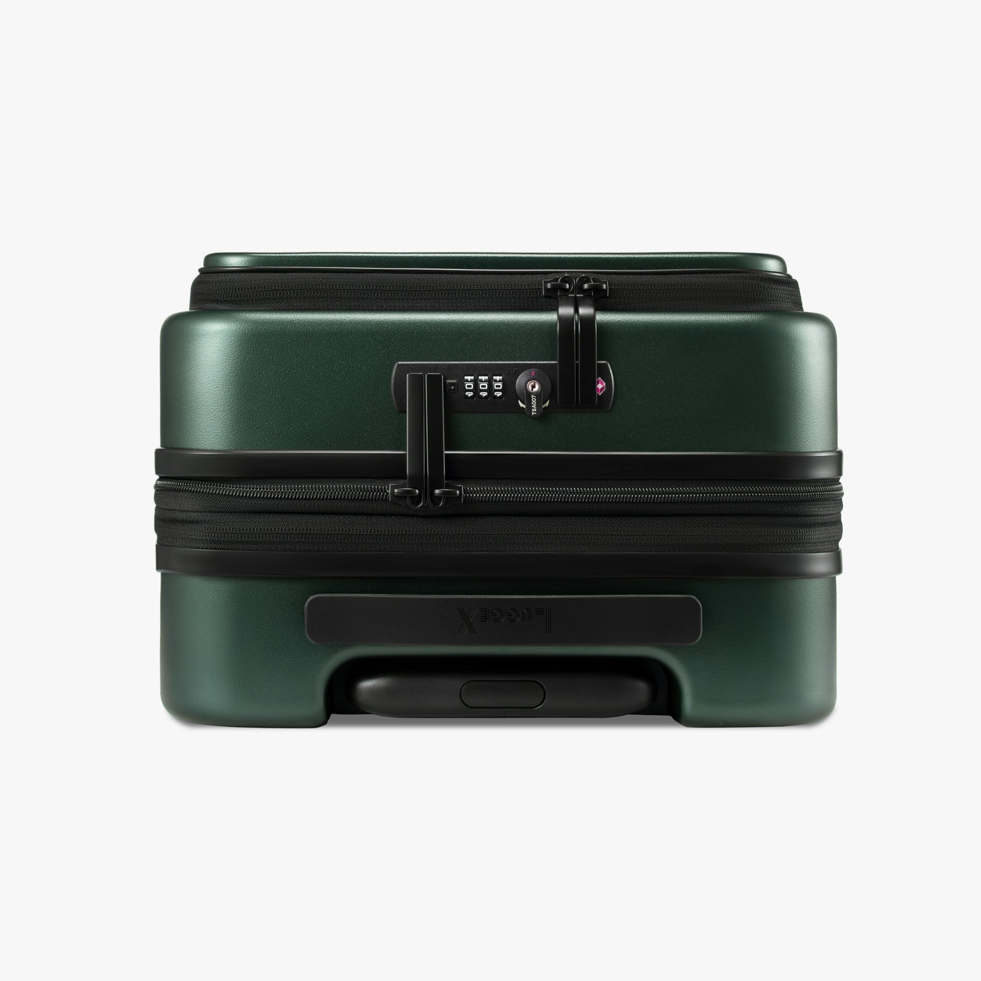 Close-up of dual TSA lock and expandable zipper on Luggex FLO 5 Core 20-inch carry-on suitcase.