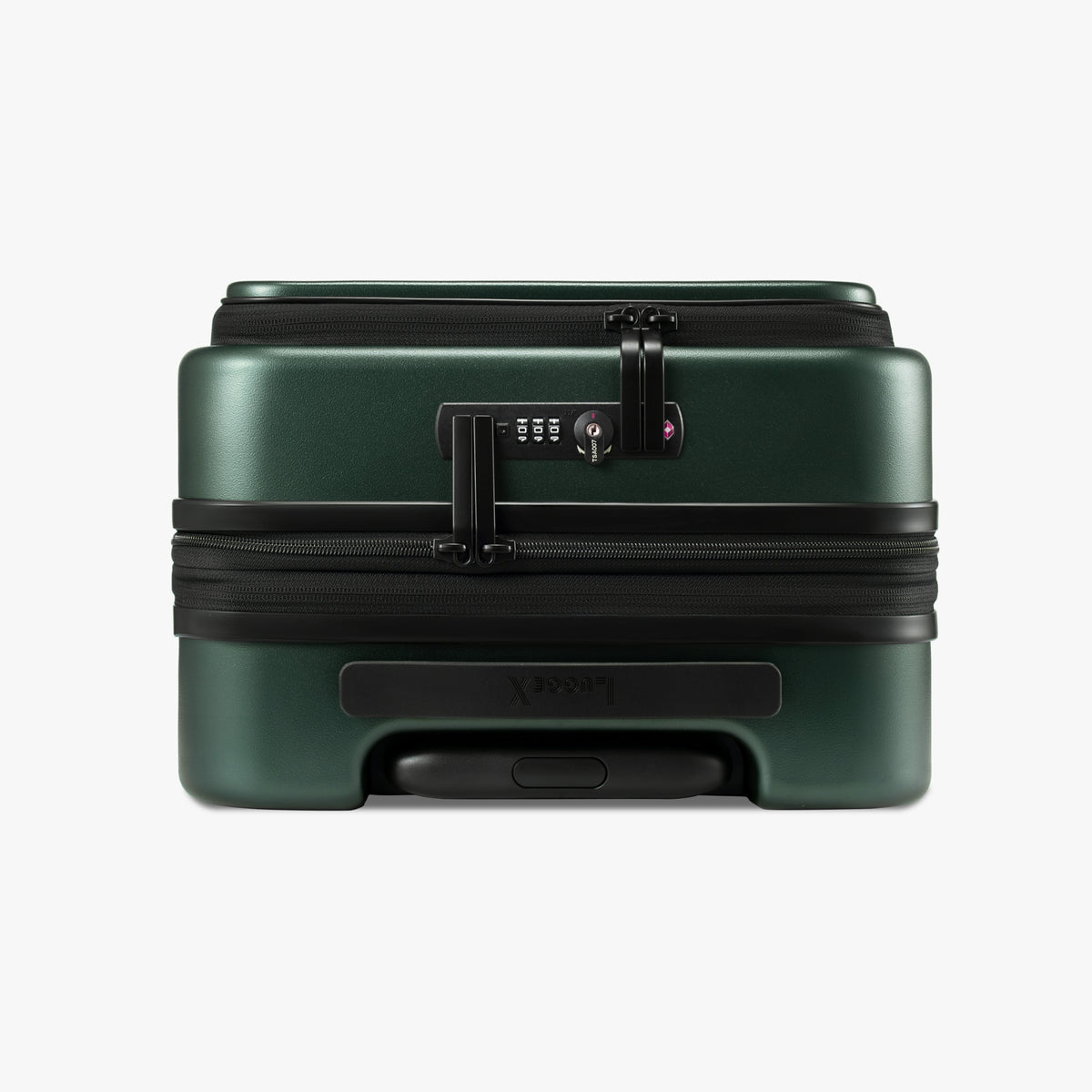 Close-up of dual TSA lock and expandable zipper on Luggex FLO 5 Core 20-inch carry-on suitcase. #color_green