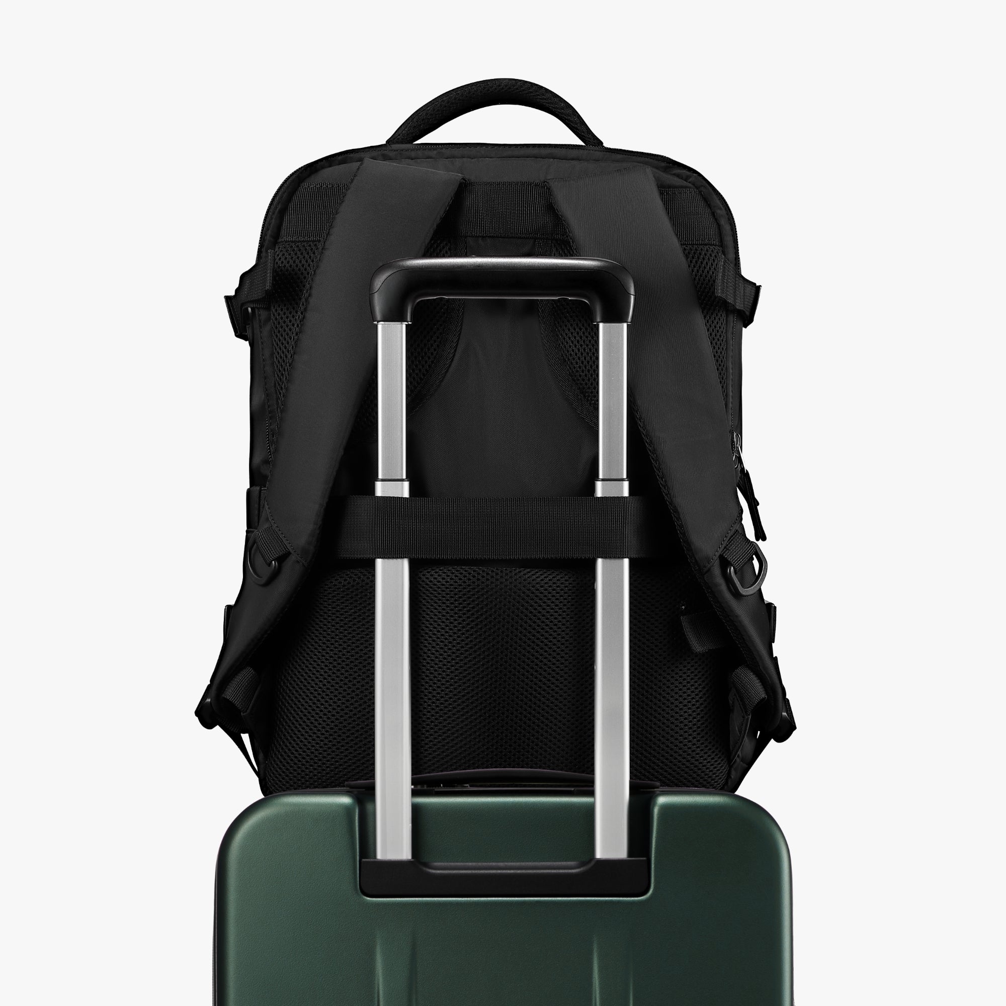 Luggex FLO 5 Core 20-inch suitcase with backpack mounted on telescopic handle for convenient travel pairing.