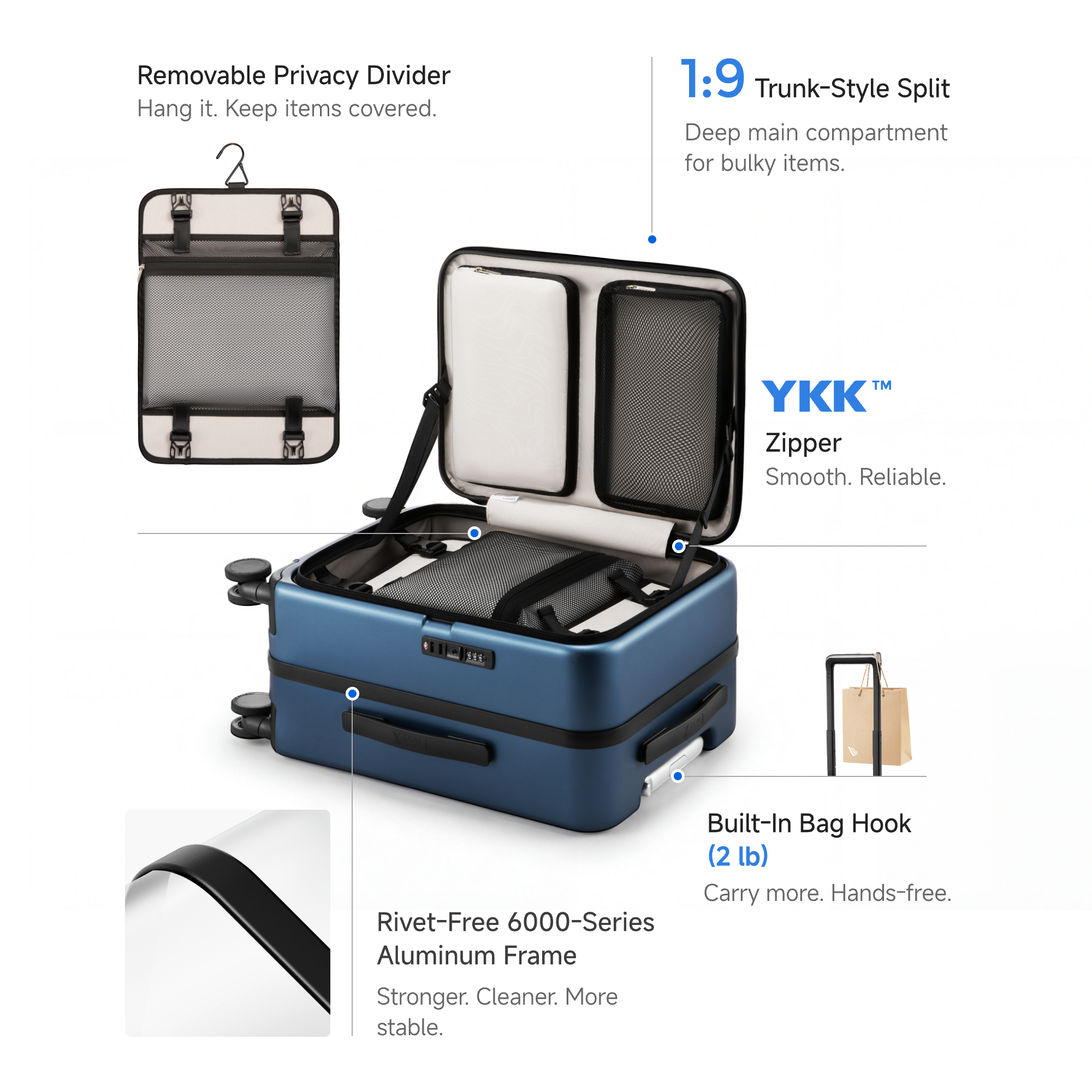 LUGGEX FLA front open carry-on suitcase showing trunk-style interior, removable privacy divider, YKK zipper, built-in bag hook, and rivet-free aluminum frame
#color_blue
