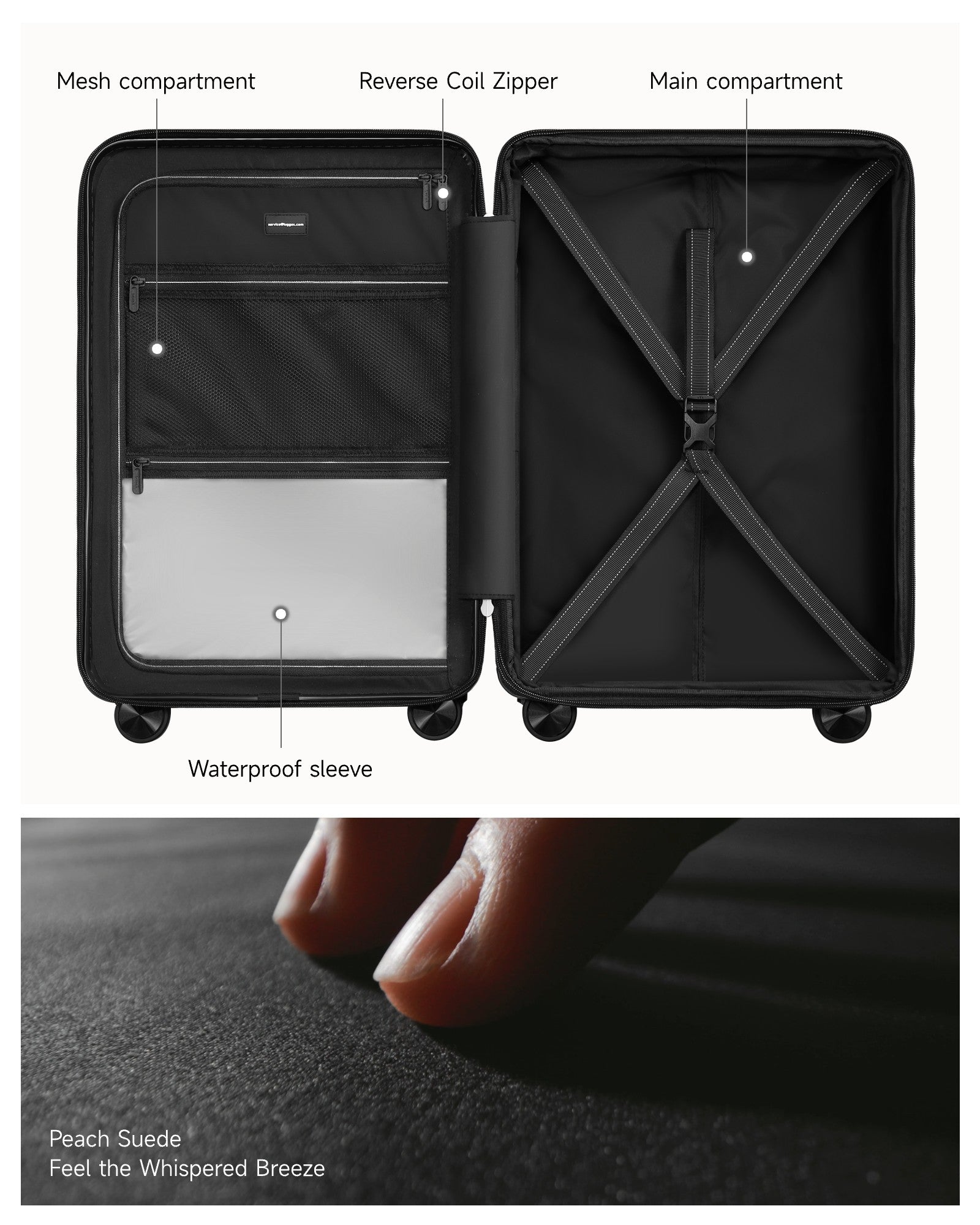 Carry on luggage suitcase interior view showing organized compartments and durable fabric for travel essentials