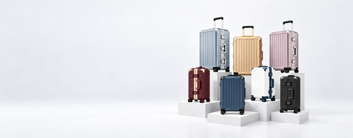 ZX luggage in new colors displayed on white studio plinths